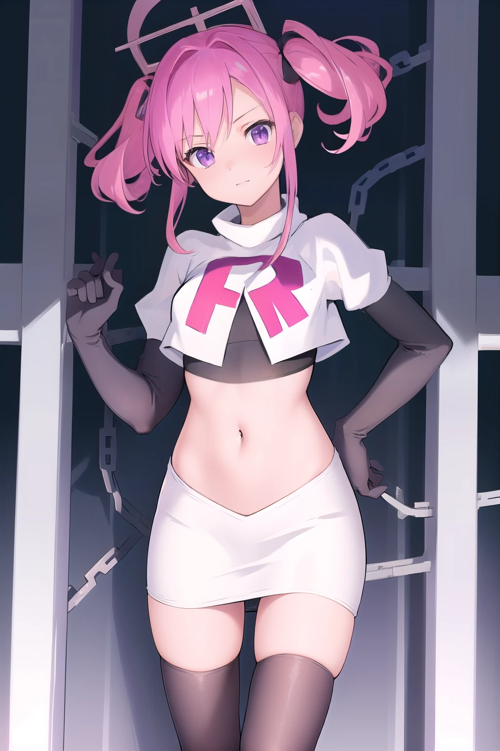 (masterpiece, best quality:1.2),illustration,8k,hd,1girl,solo,pink_hair,blue skirt,twintails,purple_eyes,navel,ahoge,bow,chain,long_hair,team rocket,team rocket uniform,white skirt,crop top,black thigh-highs,black elbow gloves,