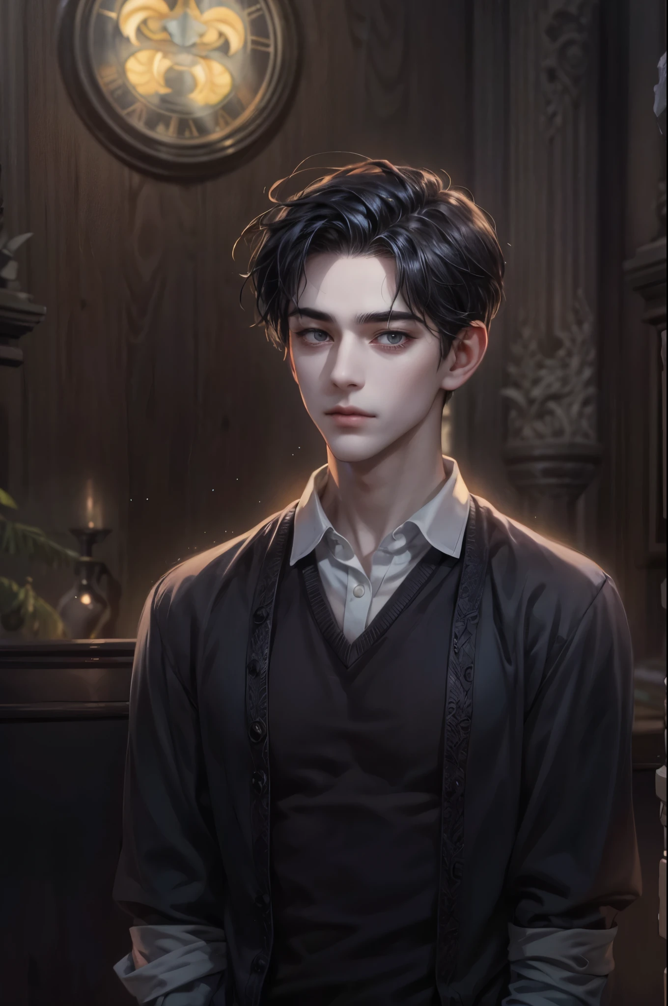 ((Best quality)), ((masterpiece)), (detailed), ((perfect face)), ((halfbody)) handsome face, male, teen boy,  perfect proportions , a male version character from the addams family, short hair, male version, detailed eerie background, detailed eerie scenery 