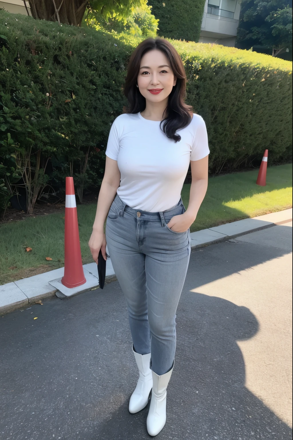 Draw lips correctly, red lipstick, from chest up, best quality, Super detailed, lifelike, Super fine skin, perfect anatomy, (1 日本Mature的女人), (alone),Wear a gray crew neck shirt,short sleeves,blue pants,white boots,wavy long hair,37-year-old female,Mature,charming smile,outdoor background,stand,Leg length,Chubby,Big breasts,stand up,full-body shot
