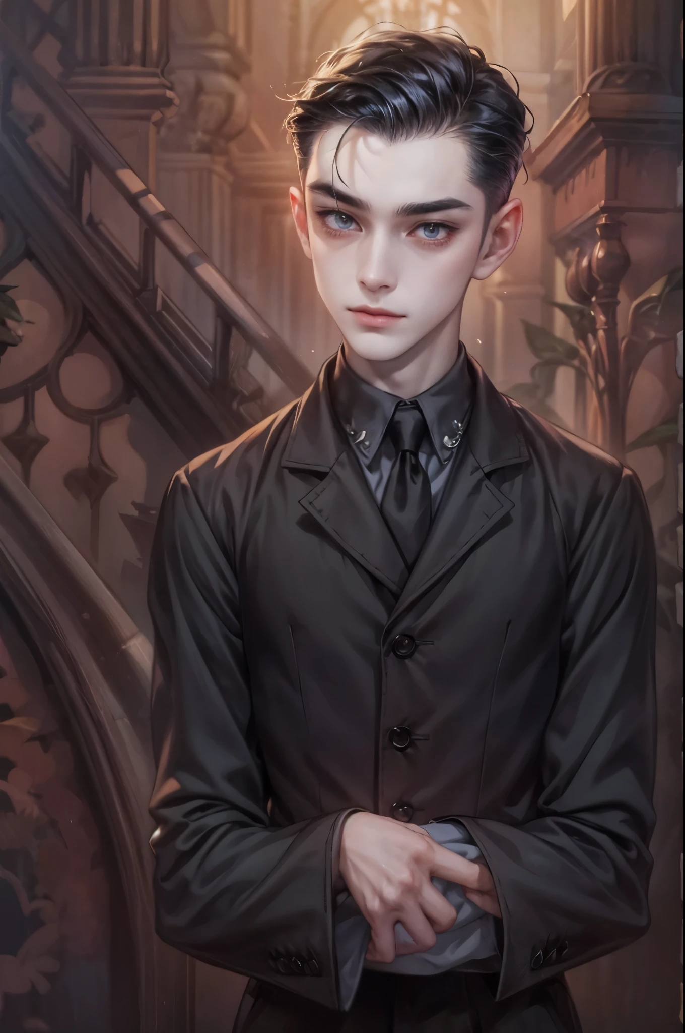 ((Best quality)), ((masterpiece)), (detailed), ((perfect face)), ((halfbody)) handsome face, male,  boy,  perfect proportions , a male version character from the addams family, short hair, male version, detailed eerie background, detailed eerie scenery 