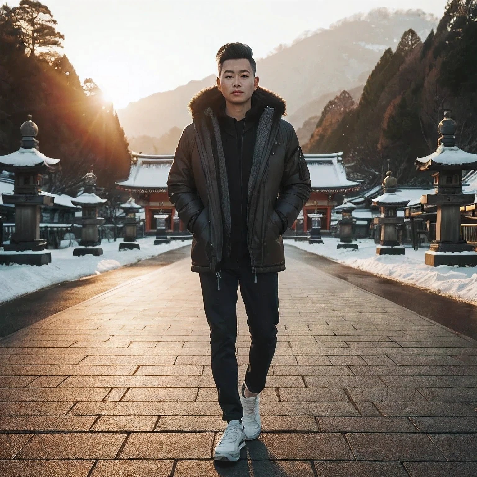 full body, long shoot, cinematic portrait of a 35 year old asian man with undercut hair by side walking on Okusha Shrine Nagano , Tokyo.  Wearing Winter Jacket and white shoes, full view winter of okusha shrine, Nagano in background. Background with evening sunlight shining from behind,  profesaional photography.  flat face looking at the camera. 