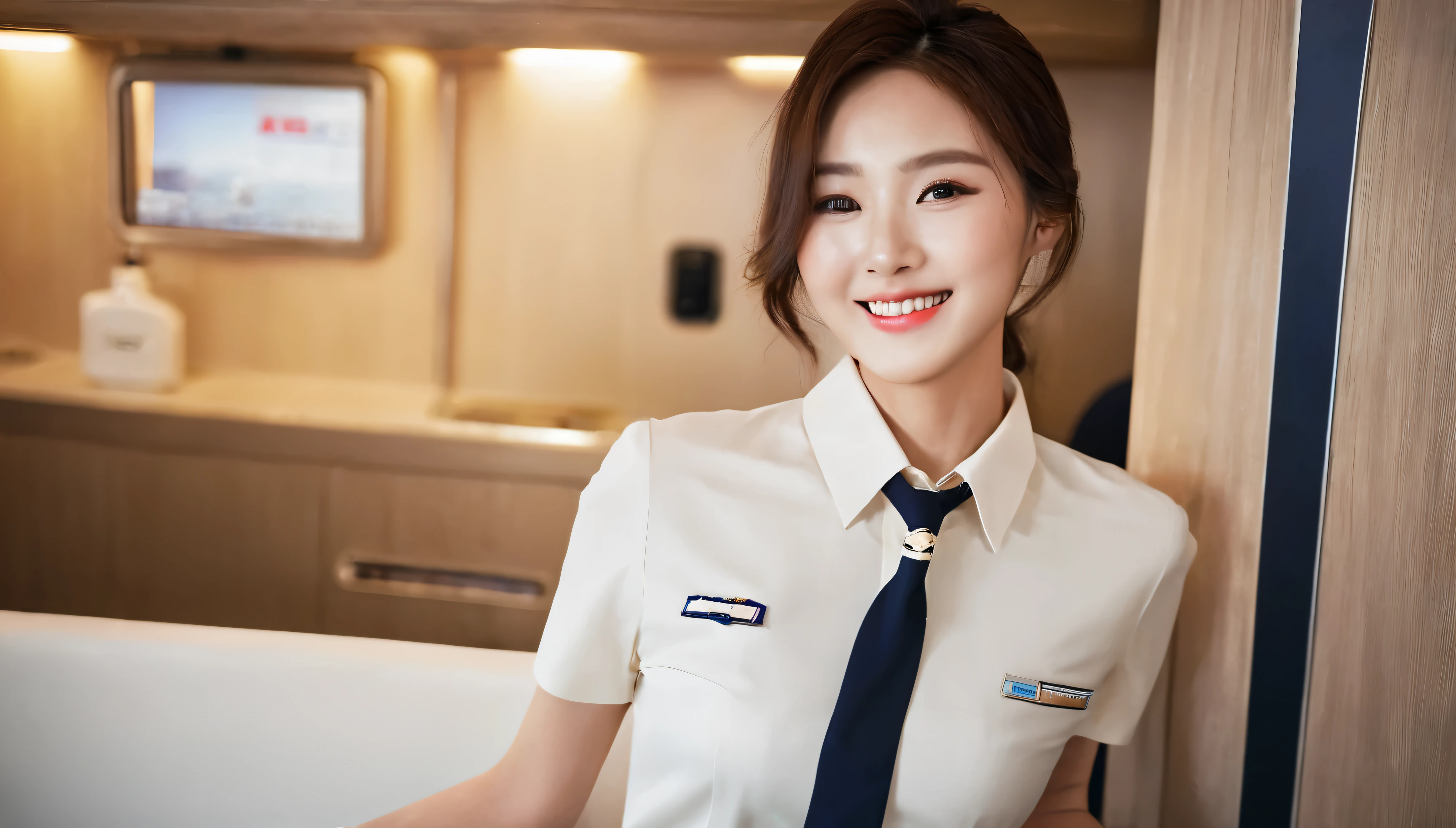 Sexy and beautiful Korean flight attendant smiled at me in the cabin, Captivating photography by Jeon Seung, soft focus, alluring charm, Exquisite uniforms, warm light, intimate atmosphere, charming gaze, cinematic framing, subtle beauty, Impeccable composition, seductive smile, suggestive charm.