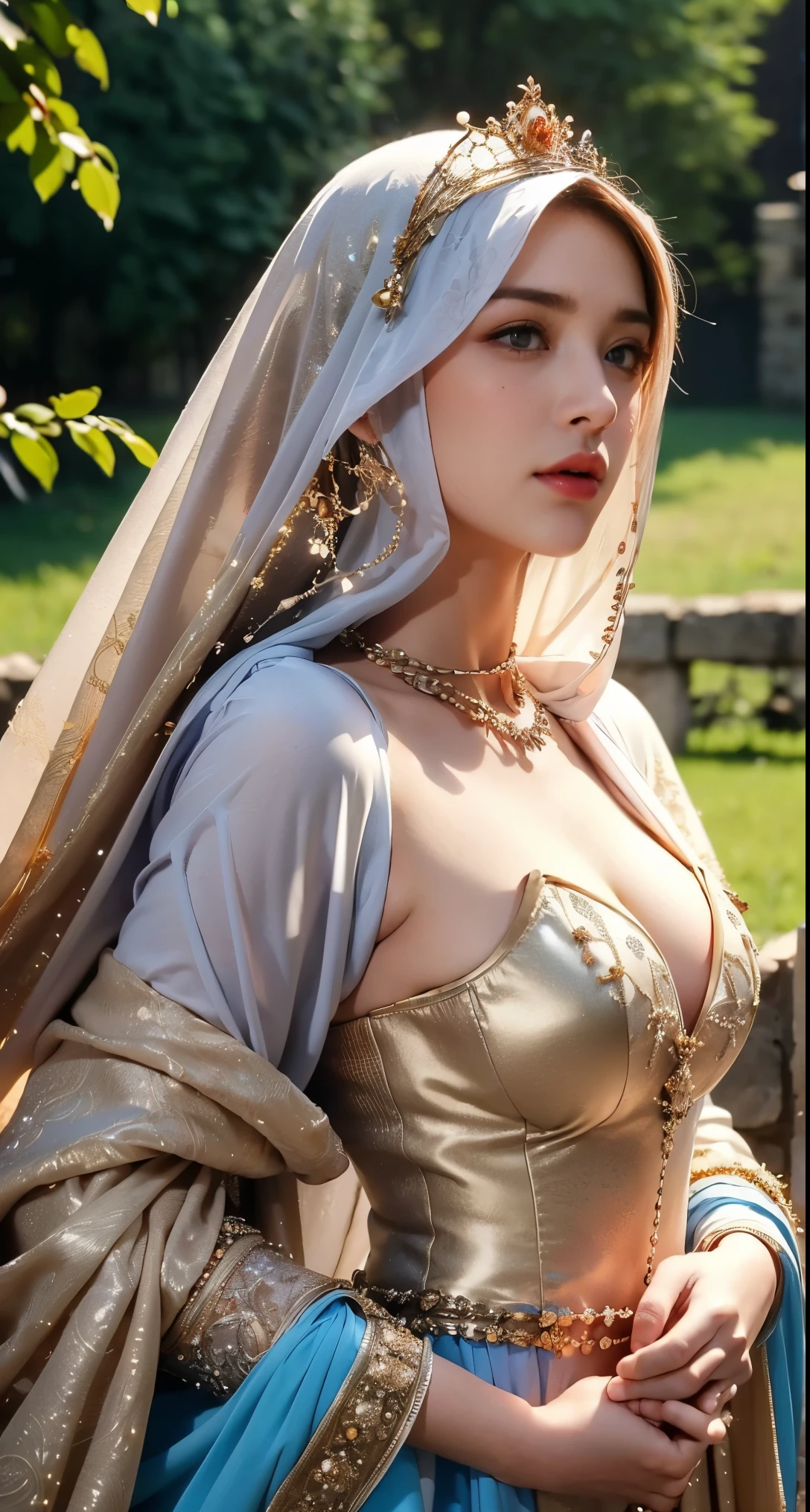 Erect nipples, wearing a hijab , luxury hijab,crown luxury , blue eye, blond hair, around ************, , tmasterpiece，Best quality at best，A high resolution，8K，((Portrait))，(upper body)，Original photo，real photograph，digital photography，(Female princess in the medieval fantasy style(luxury red gold) ), sexy princess ，blue eye， super colossal breast, round colossal breast ，open kissing lips，Keep your mouth shuegant and charming，((Blushing))，virgin contempt，Calm and handsome，(Medieval fantasy dress，The Beautiful super huge round breast, small waist, perfect colossal breast of princess body, a blue delicate pattern，silver Cloak)，(princes medieval character medieval fantasy style，oc render reflection texture, fighting style,  sexy colossal breast , medieval castle background, slim body, very small waist, 