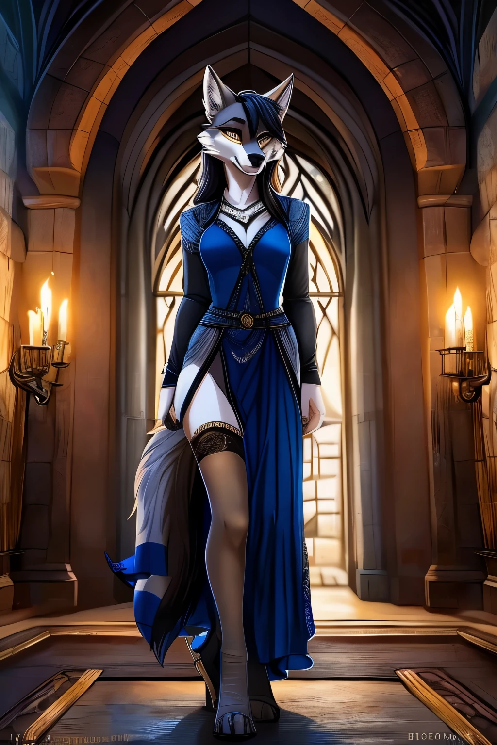 illustration, (by Hioshiru), by fluff-kevlar, (wolf:1.4), ((anthro)), 4k, detailed, intricate, (female), (masterpiece), best quality, (detailed eyes:1.4), SFW, (hogsks), hogwarts, harry potter, (((ravenclaw))), uploaded on e621, digitigrade, girl, castle, light belly fur, (grey fur)), gold eyes, dark hair, (fluffy tail), skinny, slim build, long legs, canine paws, long ears, long snout, castle corridor, evening lighting, full body portrait, ((black stockings)), garter belt, blue gown, long dress, evening gown, dress slit up the side, exposed thigh, sparkling gown, ctrdress, stockings, 连体stockings