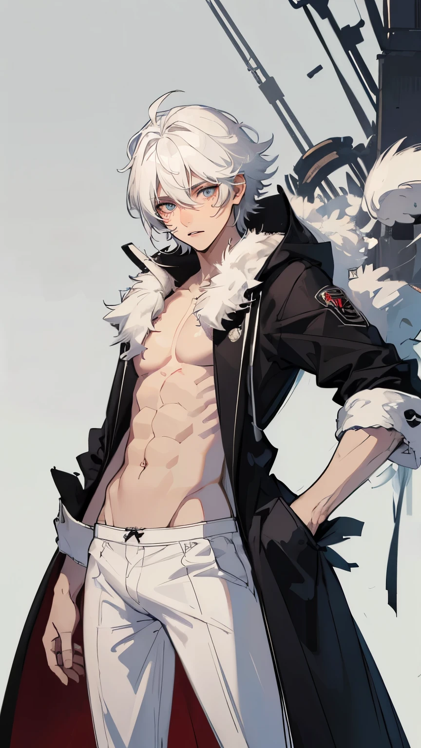 white haired, straight messy haired ((boy, soft boy)) men, male, wearing underwear and a coat, 18 years, high quality, high definition, magic, high definition eyes.