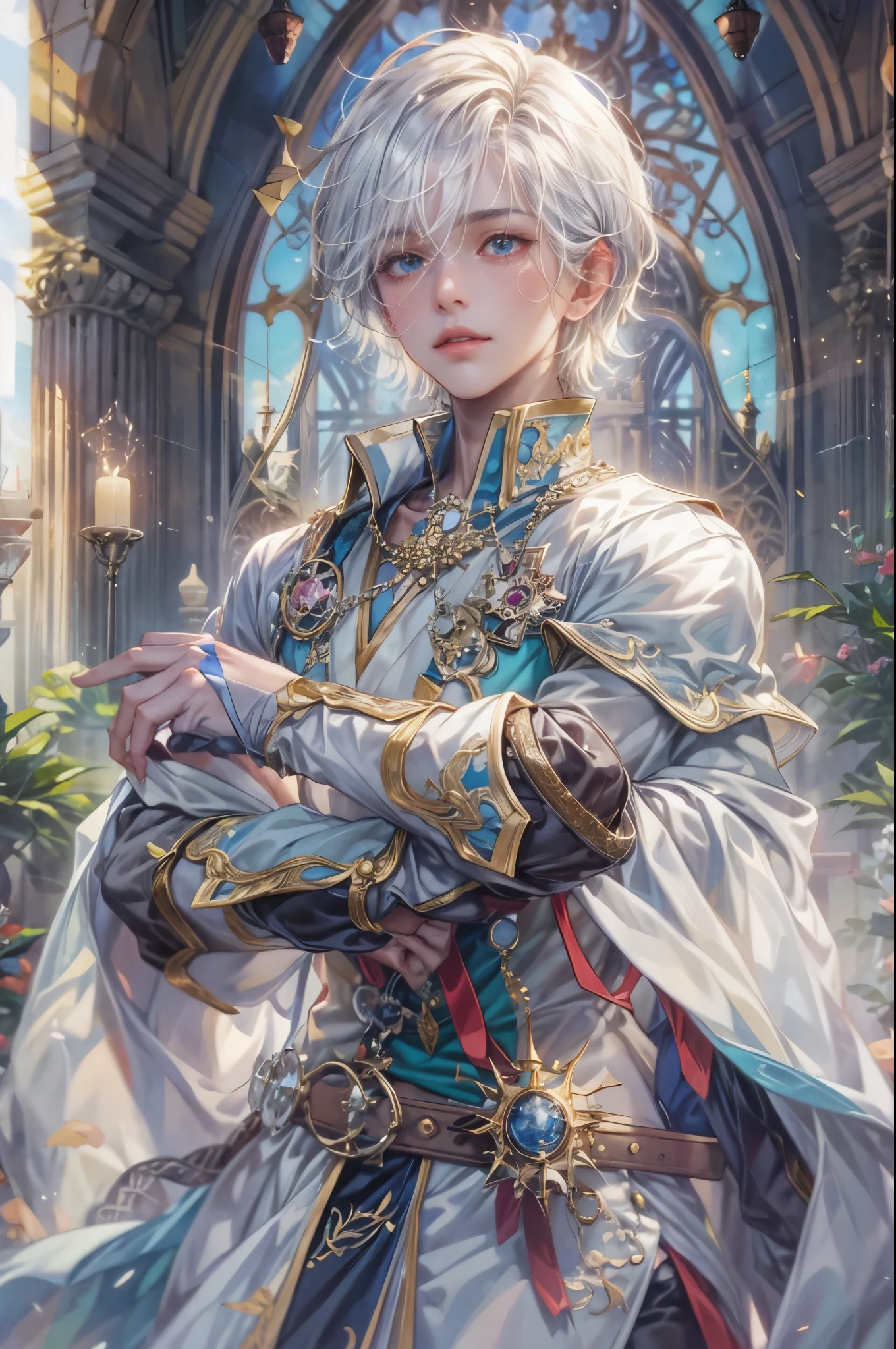 ((Best quality)), ((masterpiece)), (detailed), ((perfect face)), ((halfbody)) handsome face, male, teen boy,  perfect proportions , a character from anime legend of mana teardrop crystal, silver hair, short hair, male version , gnostic church of domina scene, gnostic church of domina background, gnostic ghibli scenery background 