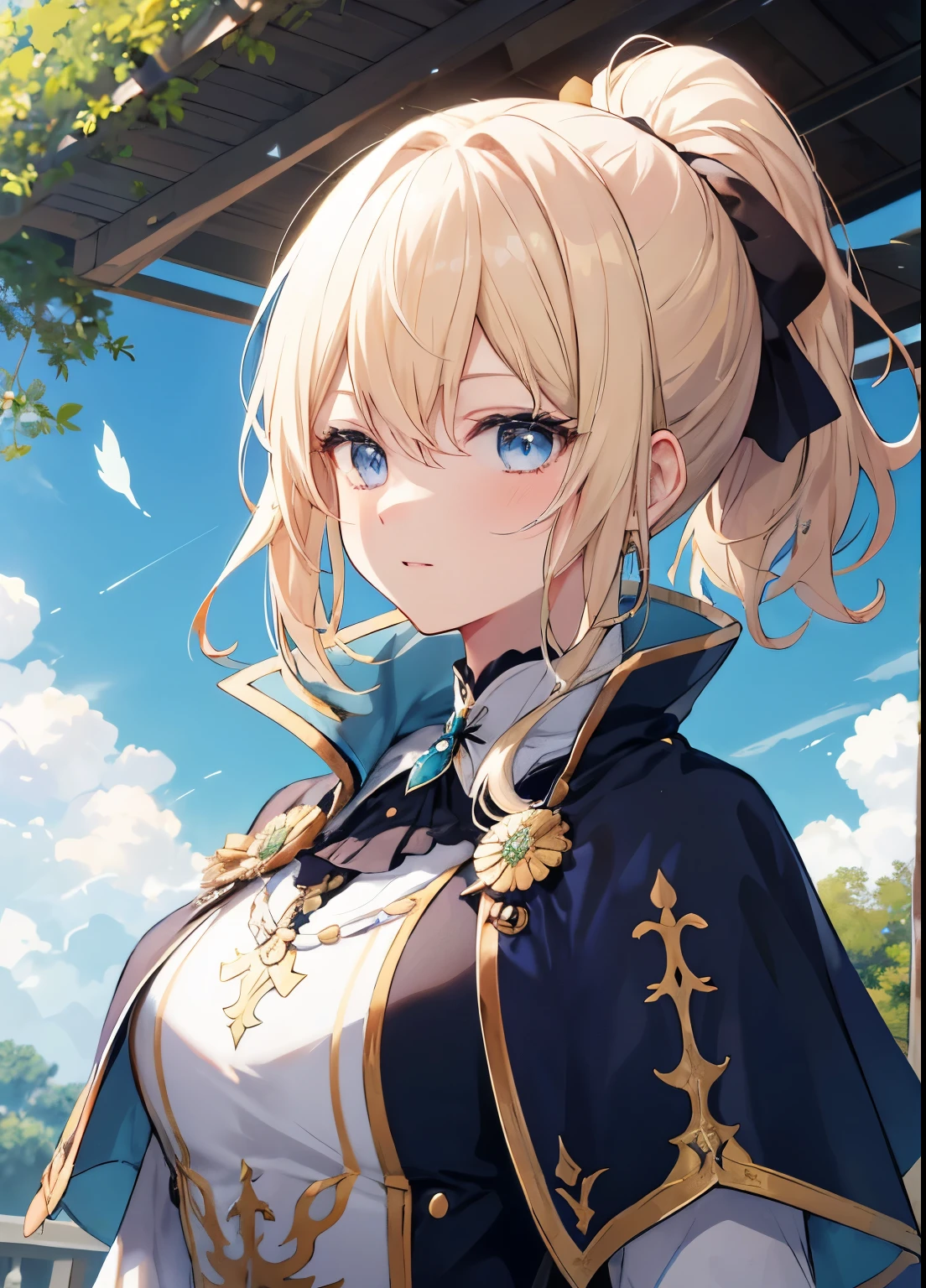 Female characters'stylish anime, golden ponytail, extremely attractive eyes, medieval knights and aristocratic costumes, Jour, blue ciel, ciel, en plein air, sous des arbres imposants, Effets d'cinema lighting, Portrait à grande ouverture, pose dynamique, nombre d'or, Rich details