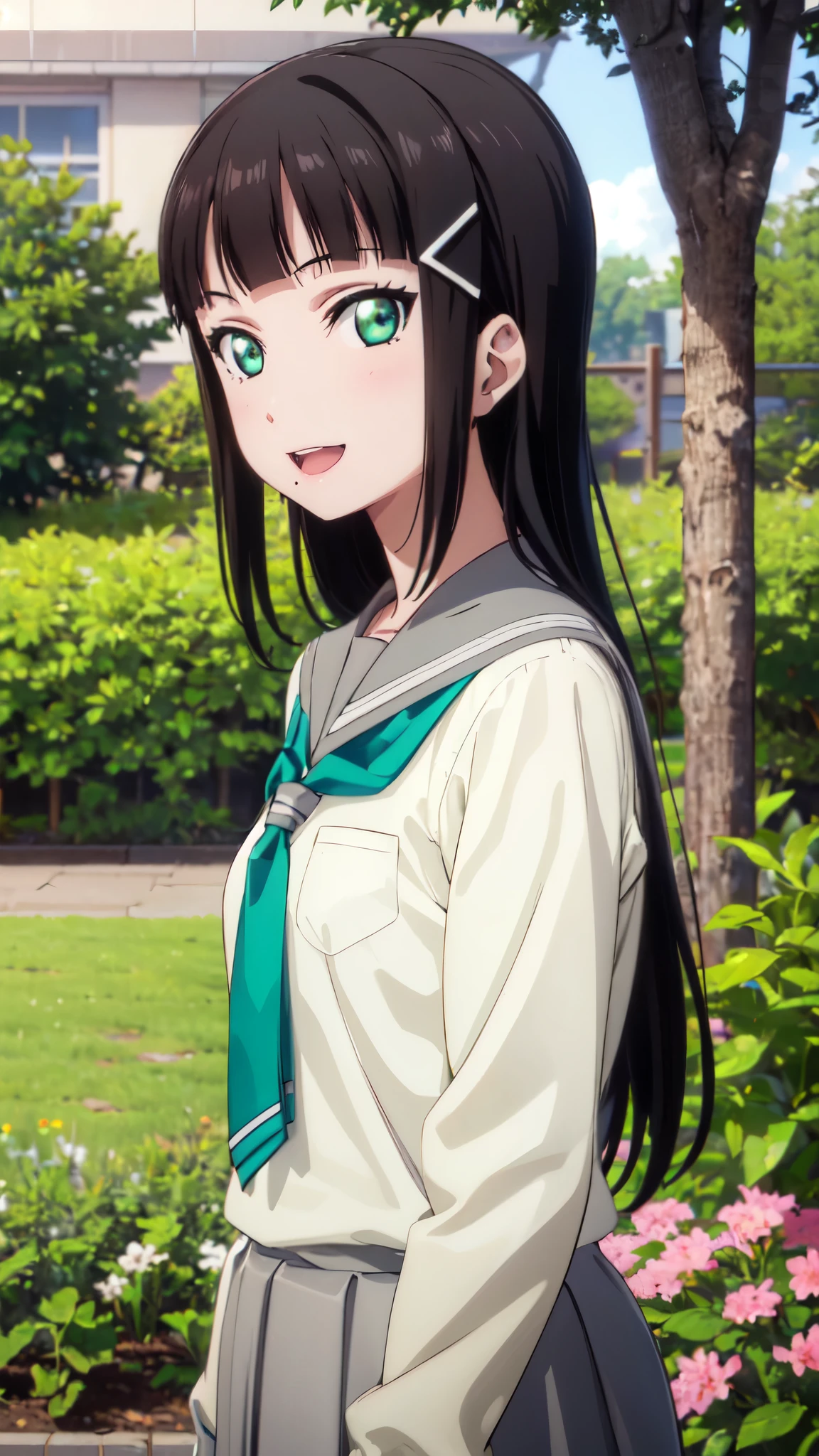 (((pixel-perfect, detail-perfect))), solo, 1girl, dia kurosawa, uranohoshi school uniform, looking at viewer, closed mouth, (upper body: 1.5), smile, open mouth, garden, sakura tree