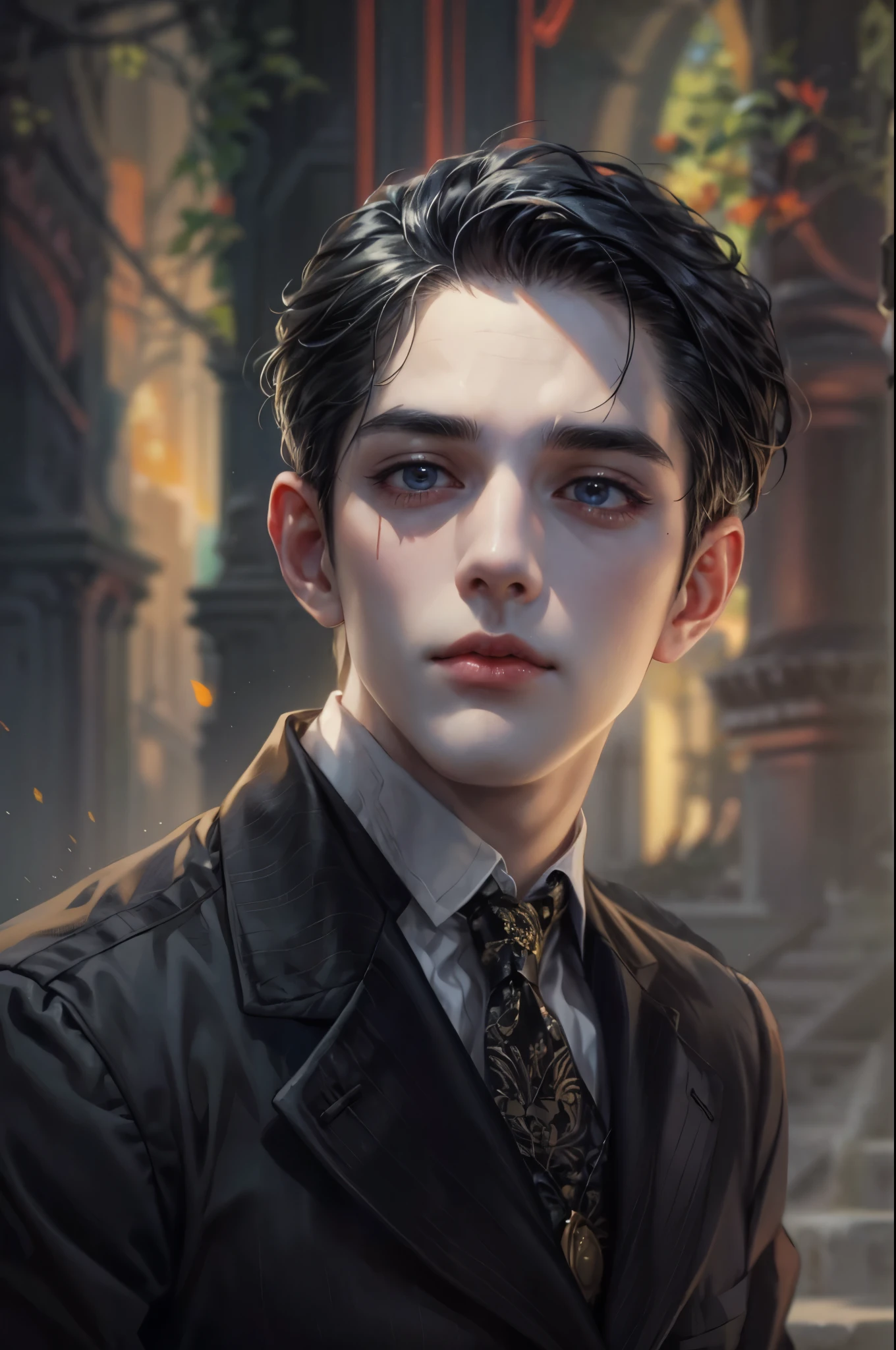((Best quality)), ((masterpiece)), (detailed), ((perfect face)), ((halfbody)) handsome face, male, teen boy,  perfect proportions , a male version character from the addams family, short hair, male version, detailed eerie background, detailed eerie scenery 