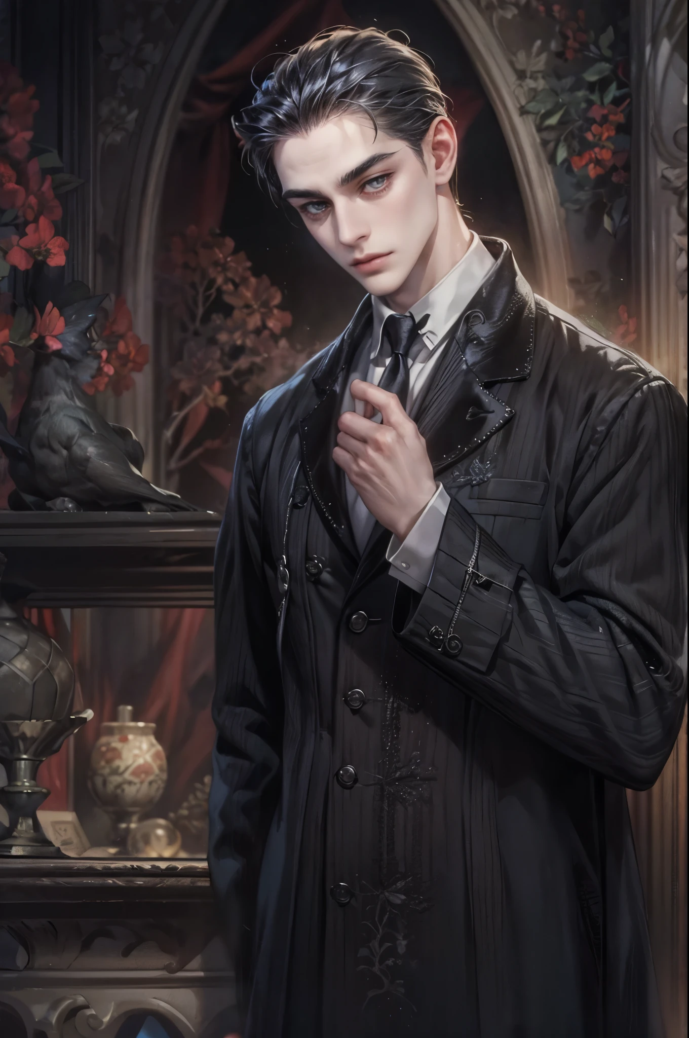 ((Best quality)), ((masterpiece)), (detailed), ((perfect face)), ((halfbody)) handsome face, male, teen boy, perfect proportions , a male version character from the addams family, short hair, male version, detailed eerie background, detailed eerie scenery