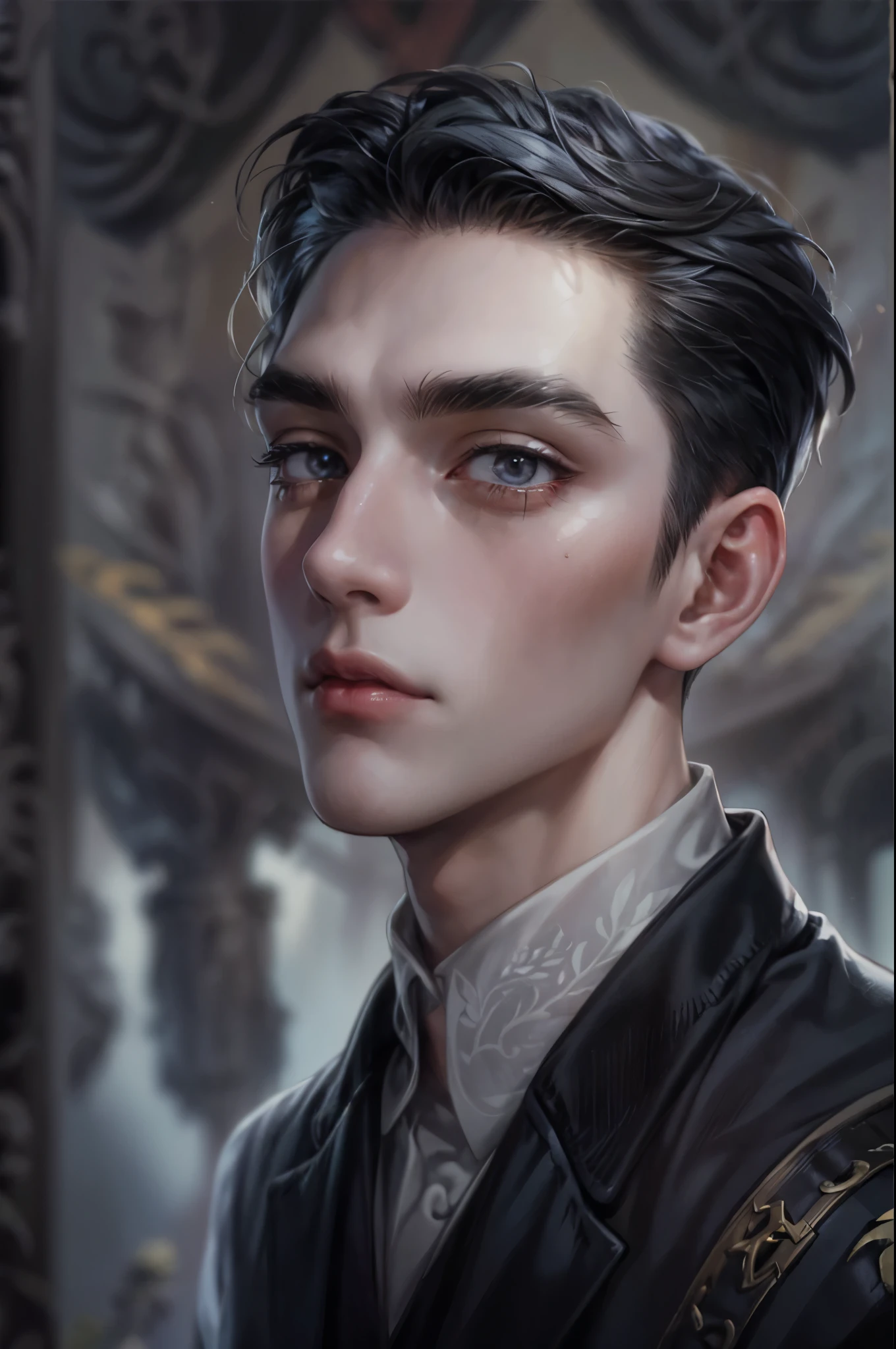 ((Best quality)), ((masterpiece)), (detailed), ((perfect face)), ((halfbody)) handsome face, male, teen boy, perfect proportions , a male version character from the addams family, short hair, male version, detailed eerie background, detailed eerie scenery