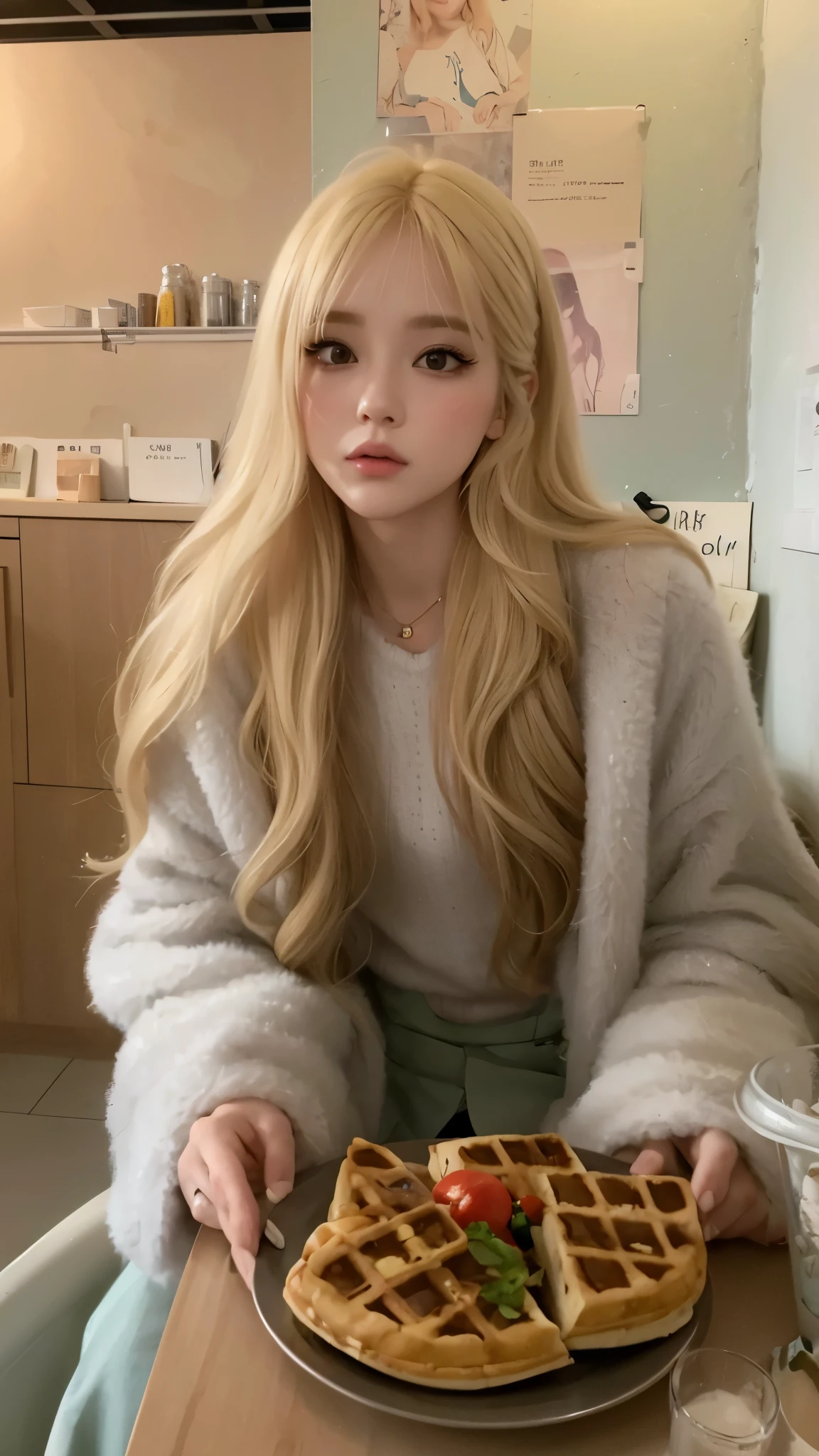 Blonde woman with long hair holding a white cell phone., retrato de kim petras, maquillaje popular de corea del sur, Retrato de Jossi de Blackpink, Parque Roseanne de Blackpink, ulzzang, maquillaje coreano popular, cruel korean gothic girl, ava max, con el pelo largo y blanco, inspirado en Yanjun Cheng, bella delfina, kim taejin