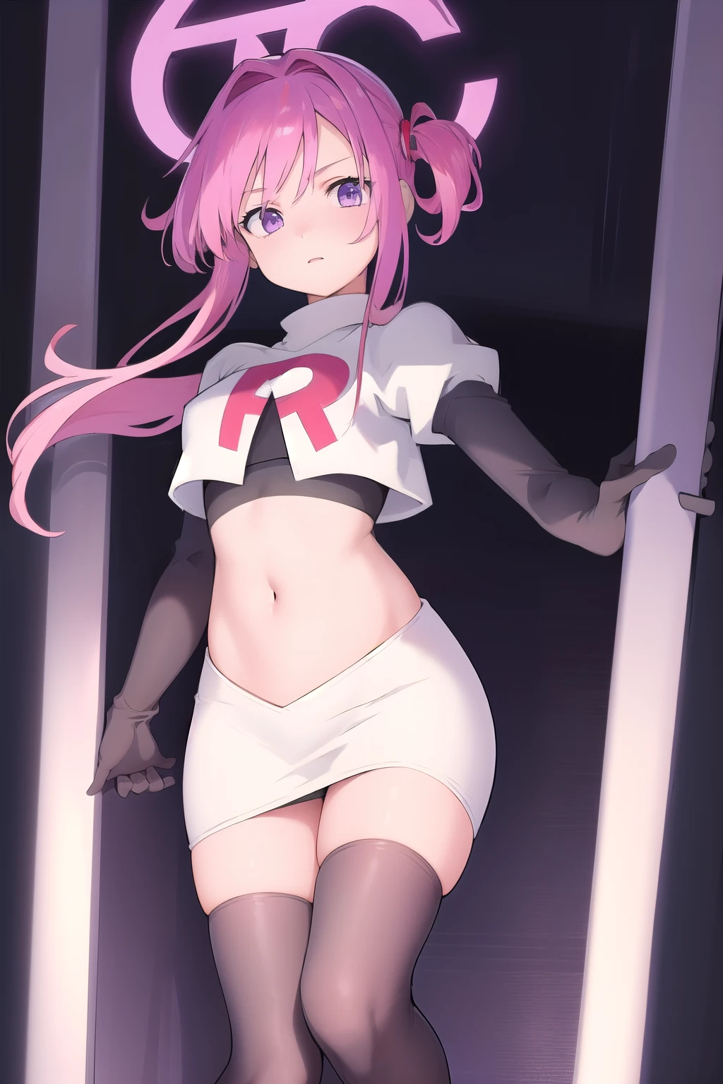 (masterpiece, best quality:1.2),illustration,8k,hd,1girl,solo,pink_hair,blue skirt,twintails,purple_eyes,navel,ahoge,bow,chain,long_hair,team rocket,team rocket uniform,white skirt,crop top,black thigh-highs,black elbow gloves,