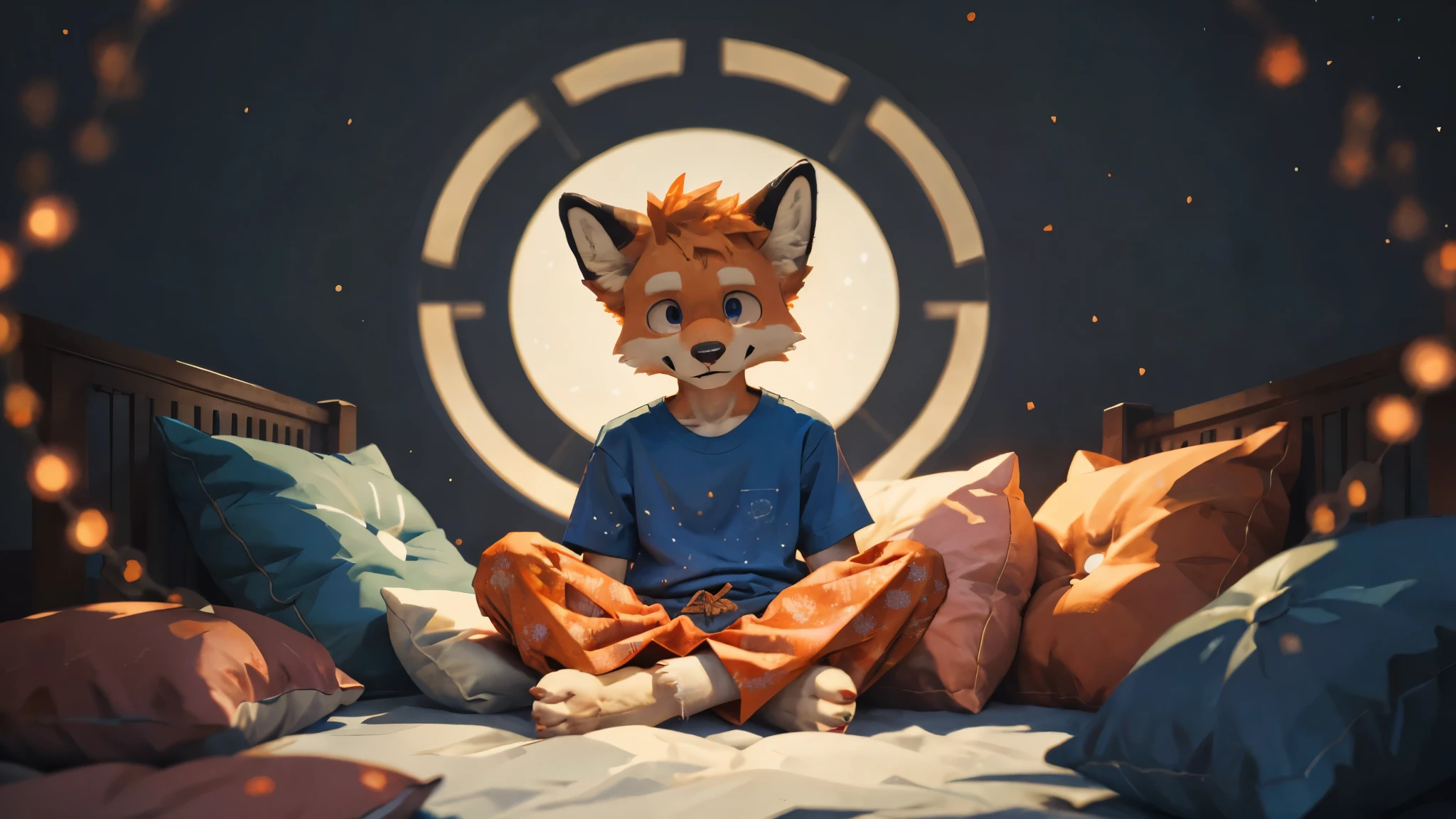 Masterpieces,official art,furry,male,shota,Anthropomorphic orange fox,Delicate face,blue left eye, orange right eye,no hair, pyjamas, bedroom,bunch of pillows, depth of field, perfect lighting, light particles,(best quality),(masterpiece),(ultra detailed),sharp focus,light particles.
