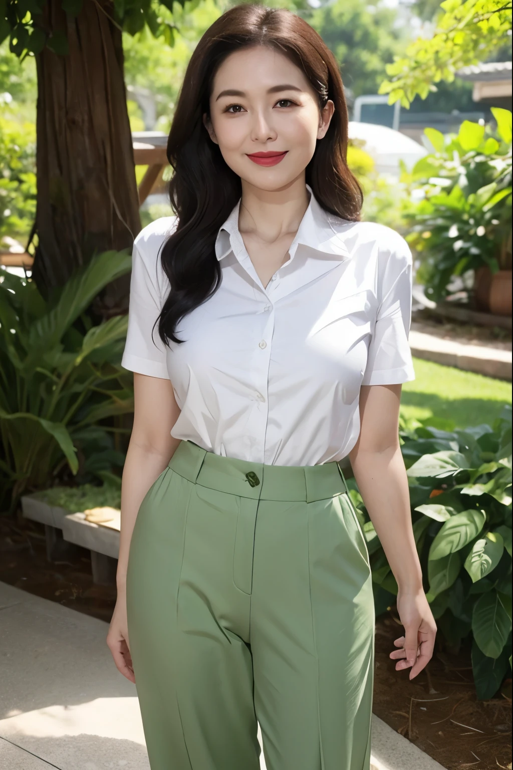 Draw lips correctly, red lipstick, from chest up, best quality, Super detailed, lifelike, Super fine skin, perfect anatomy, (1 日本Mature的女人), (alone)，wear white shirt，short sleeves，green pants，wavy long hair，37-year-old female，Mature，charming smile，outdoor background，stand，Leg length，Chubby，Big breasts，stand up，full-body shot