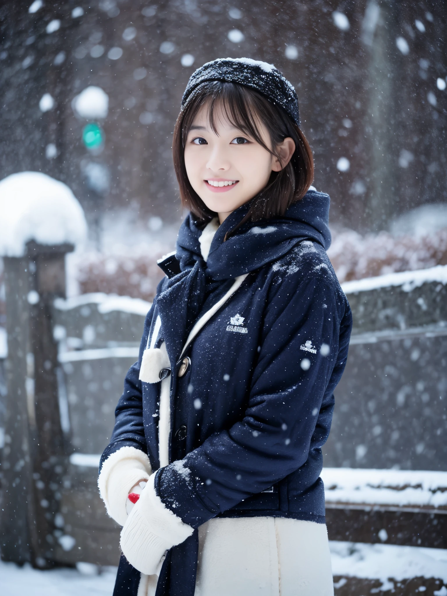 Photoreal, 32k, full body portrait, Single-lens reflex camera, Beautiful woman, attractive look, clear division, short hair, 20-year-old, winter, It's snowing, It's snowing, With New Chitose Airport in the background,