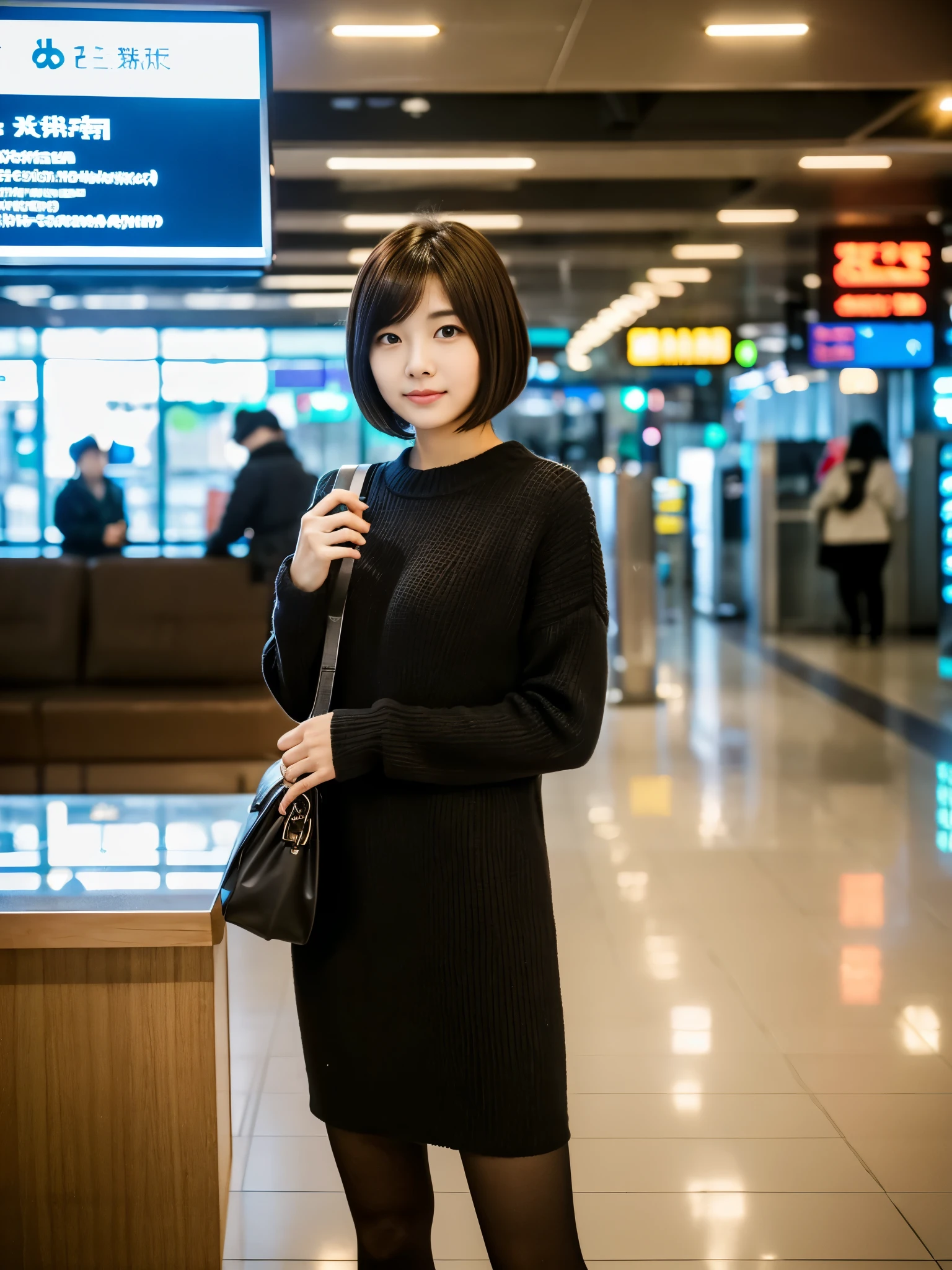 Photoreal, 32k, full body portrait, Single-lens reflex camera, Beautiful woman, attractive look, clear division, short hair, 20-year-old,  winter,   With the airport lobby in the background,
