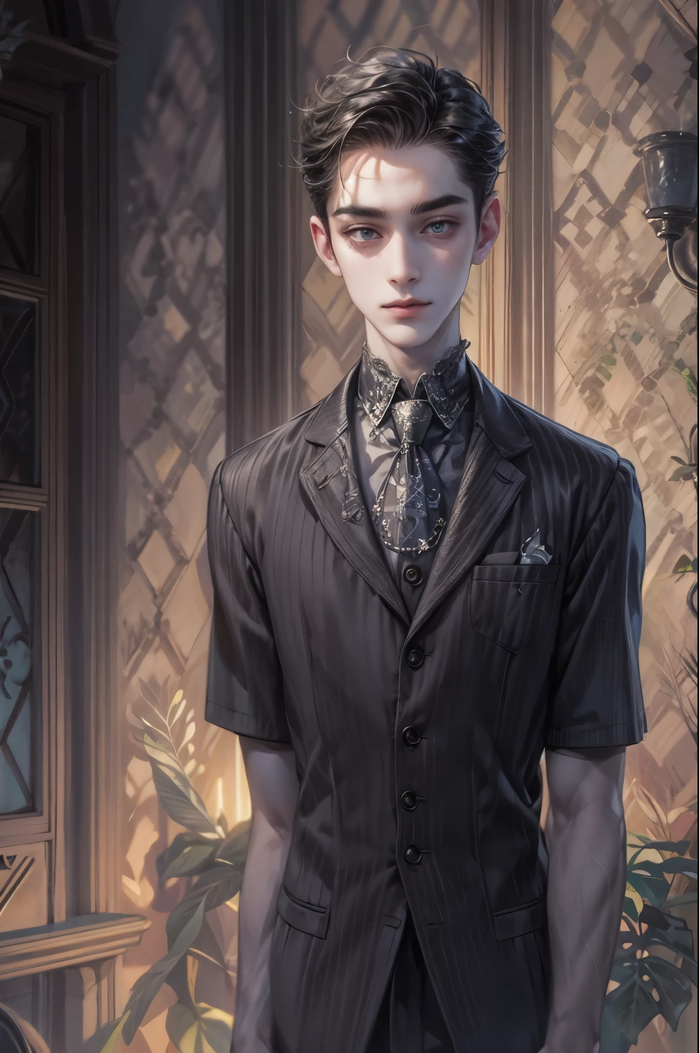 ((Best quality)), ((masterpiece)), (detailed), ((perfect face)), ((halfbody)) handsome face, male, teen boy, perfect proportions , a male version character from the addams family, short hair, male version, detailed eerie background, detailed eerie scenery