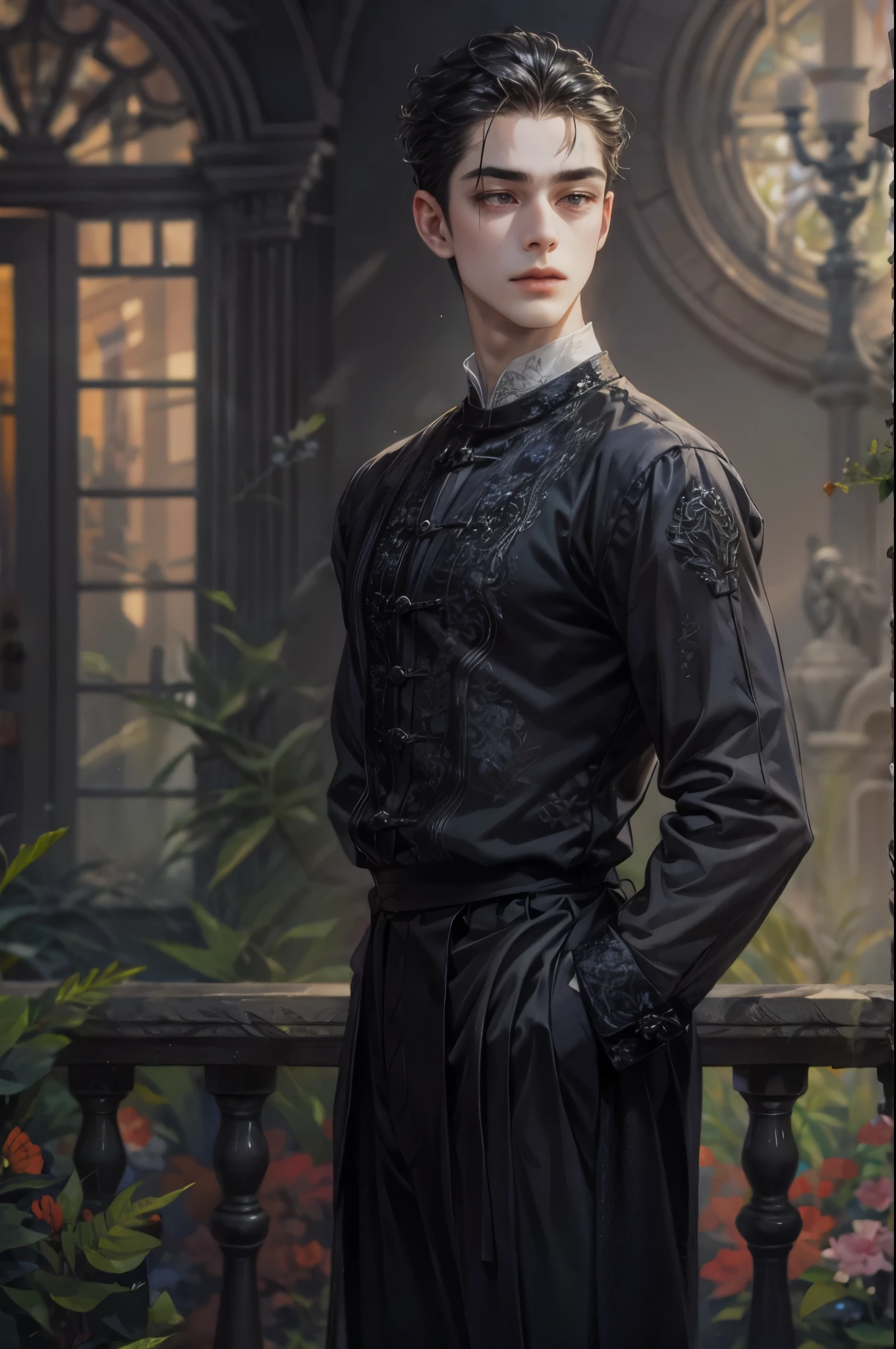 ((Best quality)), ((masterpiece)), (detailed), ((perfect face)), ((halfbody)) handsome face, male, boy, perfect proportions , a male version character from the addams family, short hair, male version, detailed eerie background, detailed eerie scenery