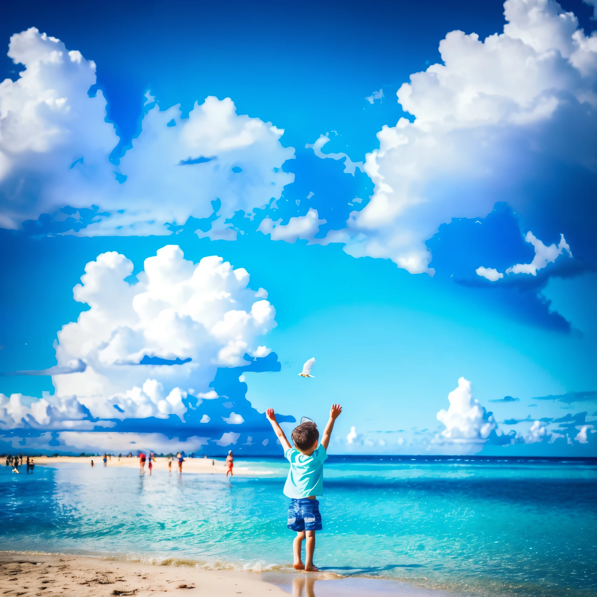 (4k, best quality, masterpiece:1.2),blue sky, cloud, sunny, summer ,beach,seaside,holiday,child，child，play with water, hapiness