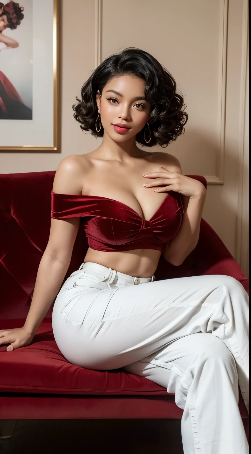 Generate a digital image of a beautiful Black woman with voluminous, curly hair styled in a vintage pinup curl pattern. Capture her lounging playfully on a red velvet chaise longue in a modern living room setting. She wears high-waisted, light wash mom jeans with a cuffed hem, paired with a red off-the-shoulder cropped top that emphasizes her figure. Accessorize her with sparkling diamond earrings and a pair of red high heels. The background should be a modern living room with plush furniture, mid-century modern décor, and large windows overlooking a cityscape bathed in warm sunset light. Use a mid-shot that captures her playful smile and confident pose, reminiscent of classic pinup style with a modern twist. Enhance the image with a soft, warm color palette, a subtle vignette effect, and a hint of vintage film grain.