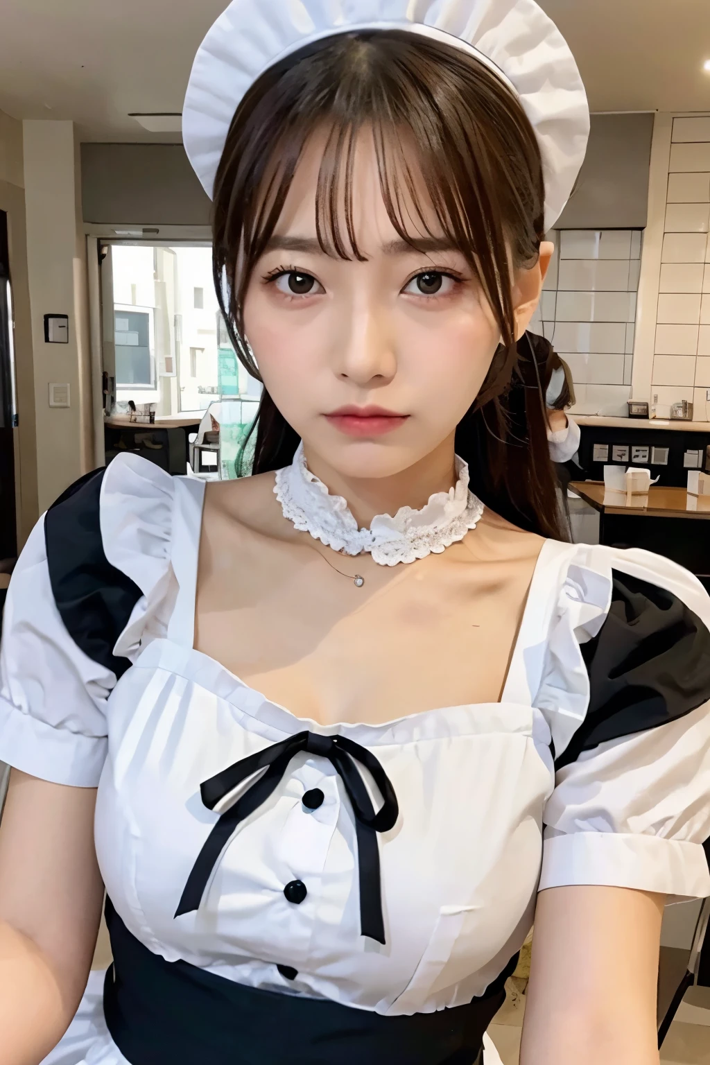 Top quality, one beautiful woman,maid,cafe,unamused