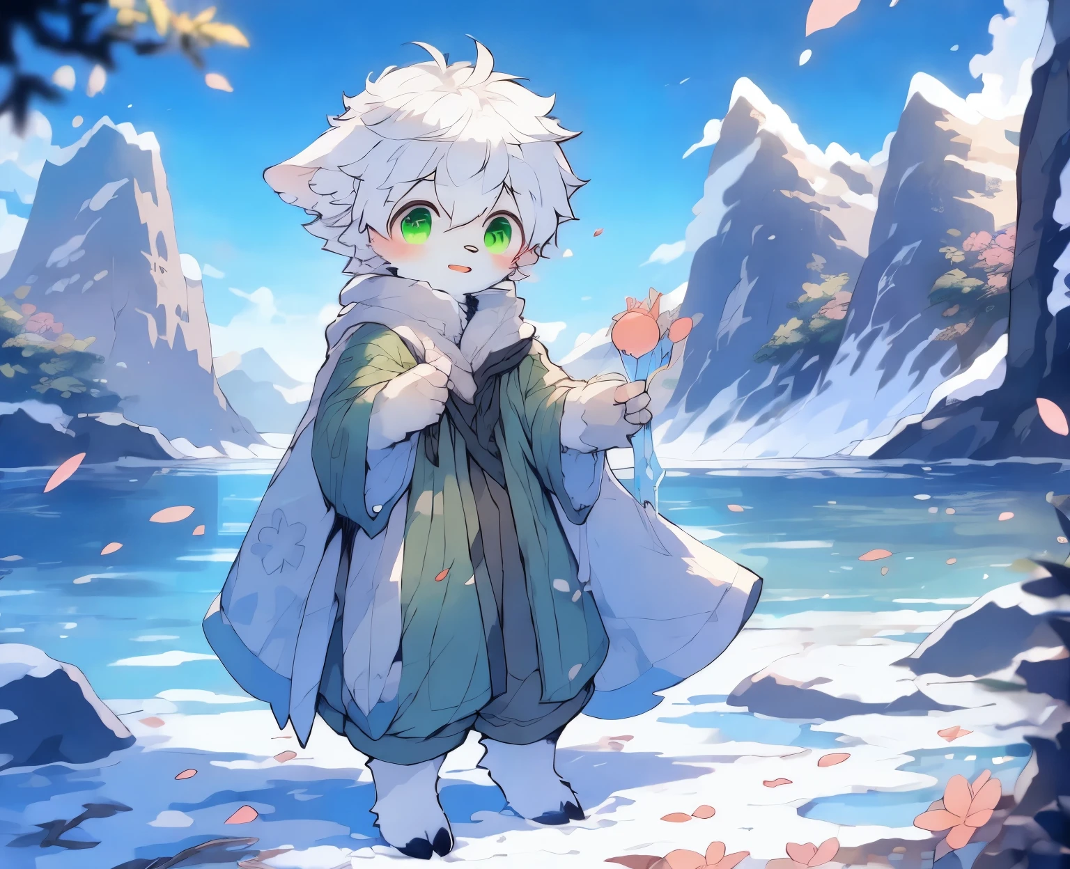 A white deer,deer antlers,rios,mountain ranges,long white robe,Green eyes,blue-sky,White petals,Melting of ice and snow,Melting of ice and snow,Shota,adolable,White pear blossom tree,Shota,adolable,Green clothing,White ears,Fluffy ears,Petals fall all over the ground,The petals float in the air,flowing river,Peach tree,looking toward the viewer,(((boy)))