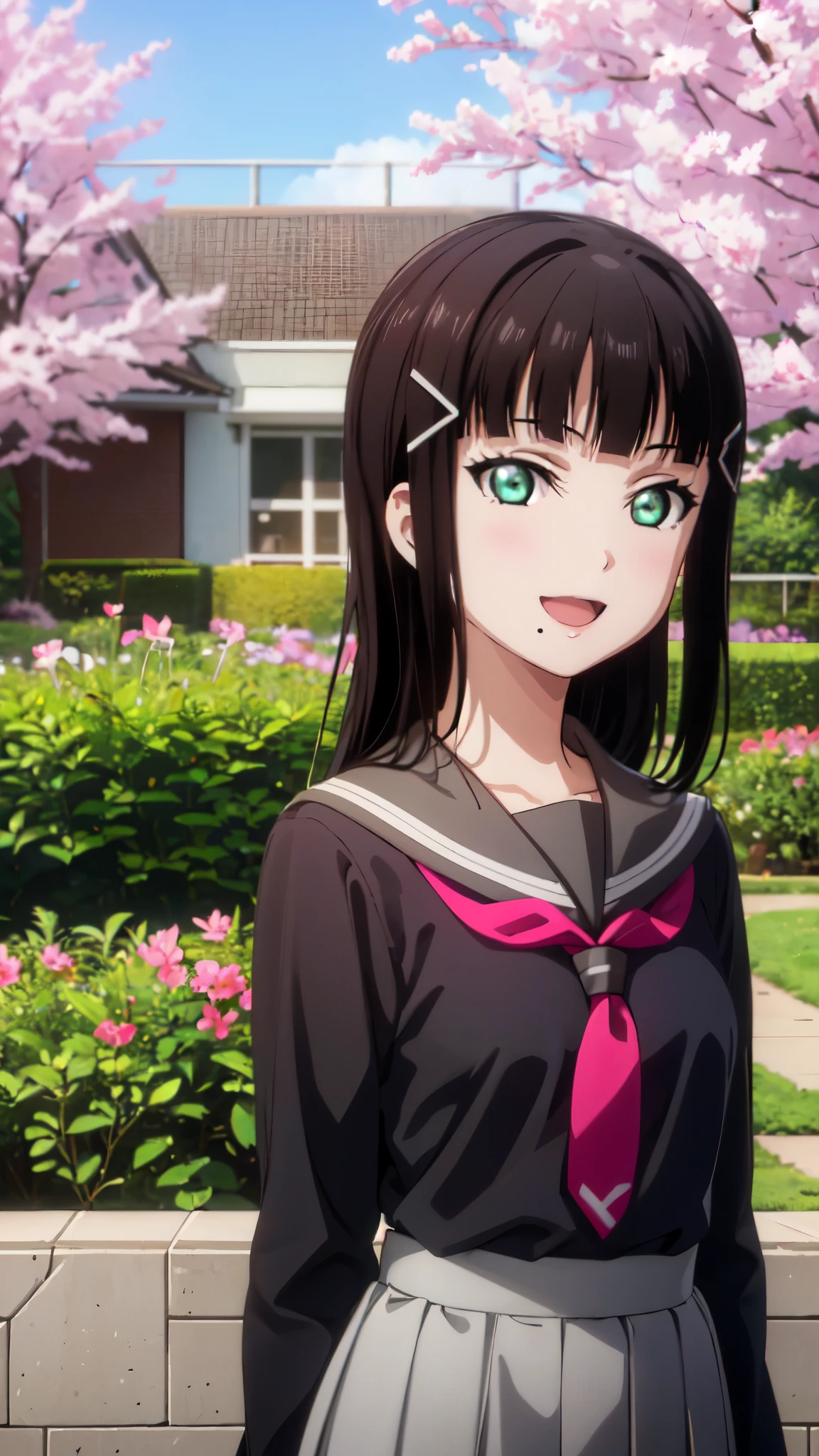 (((pixel-perfect, detail-perfect))), solo, 1girl, dia kurosawa, uranohoshi school uniform, looking at viewer, closed mouth, (upper body: 1.5), smile, open mouth, garden, sakura tree