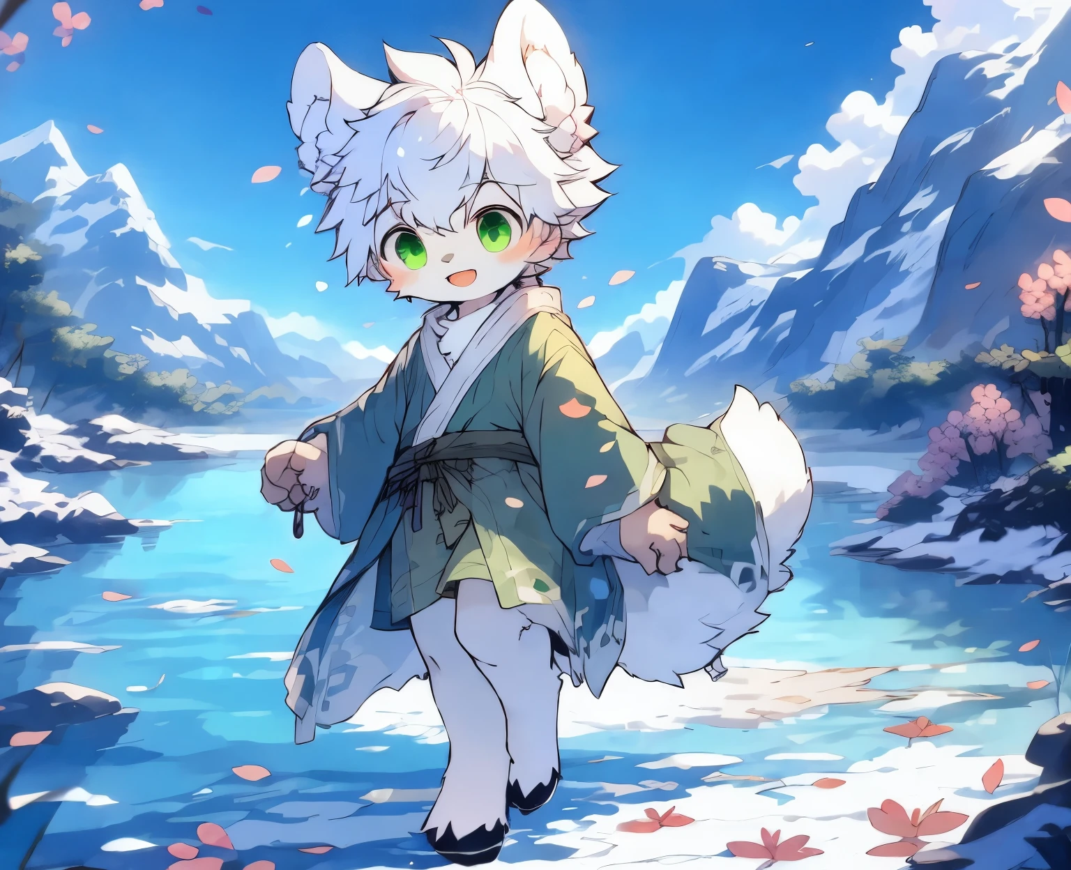 A white deer,deer antlers,rios,mountain ranges,long white robe,Green eyes,blue-sky,White petals,Melting of ice and snow,Melting of ice and snow,,adolable,White pear blossom tree,Shotaable,Green clothing,White ears,Fluffy ears,Petals fall all over the ground,The petals float in the air,flowing river,Peach tree,looking toward the viewer,(((boy)))