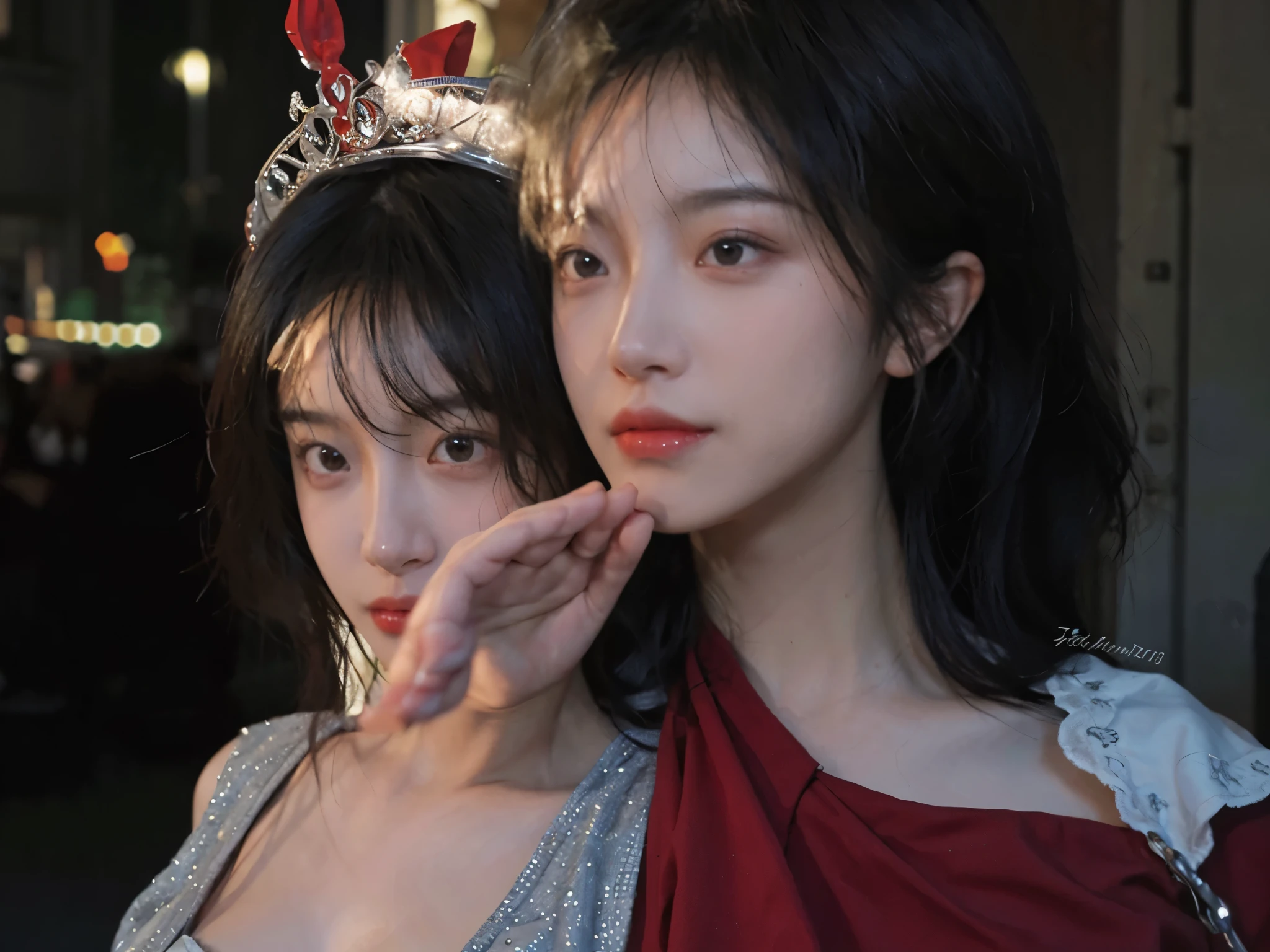 best quality, ultra high resolution, (realistically:1.4), two girls, A pair of clear and moving eyes,Royal sister,twin,red dress, (Big cleavage:1.2), looking at the audience, Close-up cleavage ,