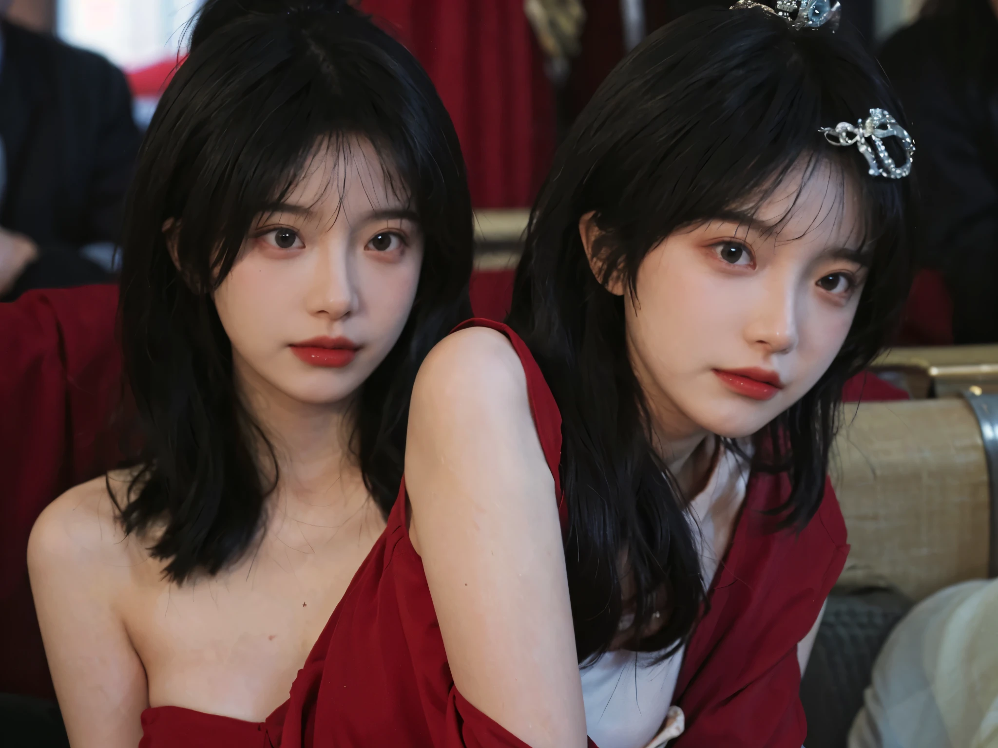 best quality， ultra high resolution， （realistically：1.4）， two girls， A pair of clear and moving eyes,Royal sister，twin，red dress， （Big cleavage：1.2）， looking at the audience， Close-up cleavage ，