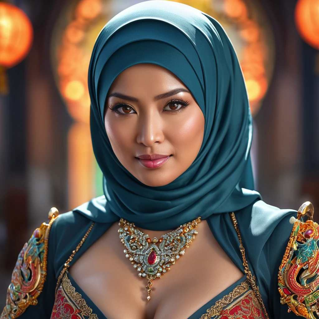 (busty malaysian woman:1.1, age 40:1.1, hijab no hair showing:1.1, athletic:1.1, many chains jewels and charms, wielding magic weapons), final showdown against a jeweled dragon, (best quality:1.2), ultra-detailed, realistic:1.37, HDR, studio lighting, vivid colors, portraits, sharp focus, physically-based rendering, extreme detail description, professional, bokeh, vibrant color palette, dramatic lighting