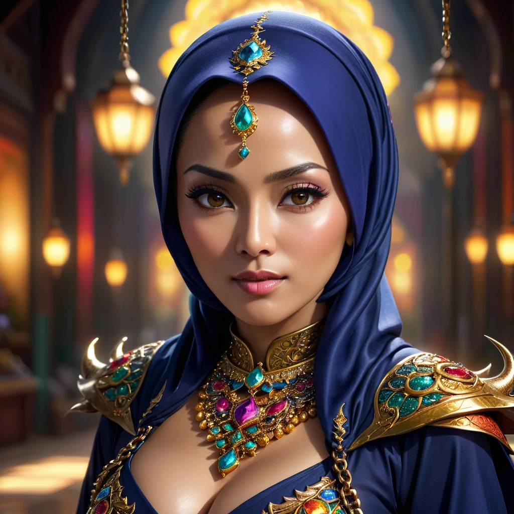 (busty malaysian woman:1.1, age 40:1.1, hijab no hair showing:1.1, athletic:1.1, many chains jewels and charms, wielding magic weapons), final showdown against a jeweled dragon, (best quality:1.2), ultra-detailed, realistic:1.37, HDR, studio lighting, vivid colors, portraits, sharp focus, physically-based rendering, extreme detail description, professional, bokeh, vibrant color palette, dramatic lighting