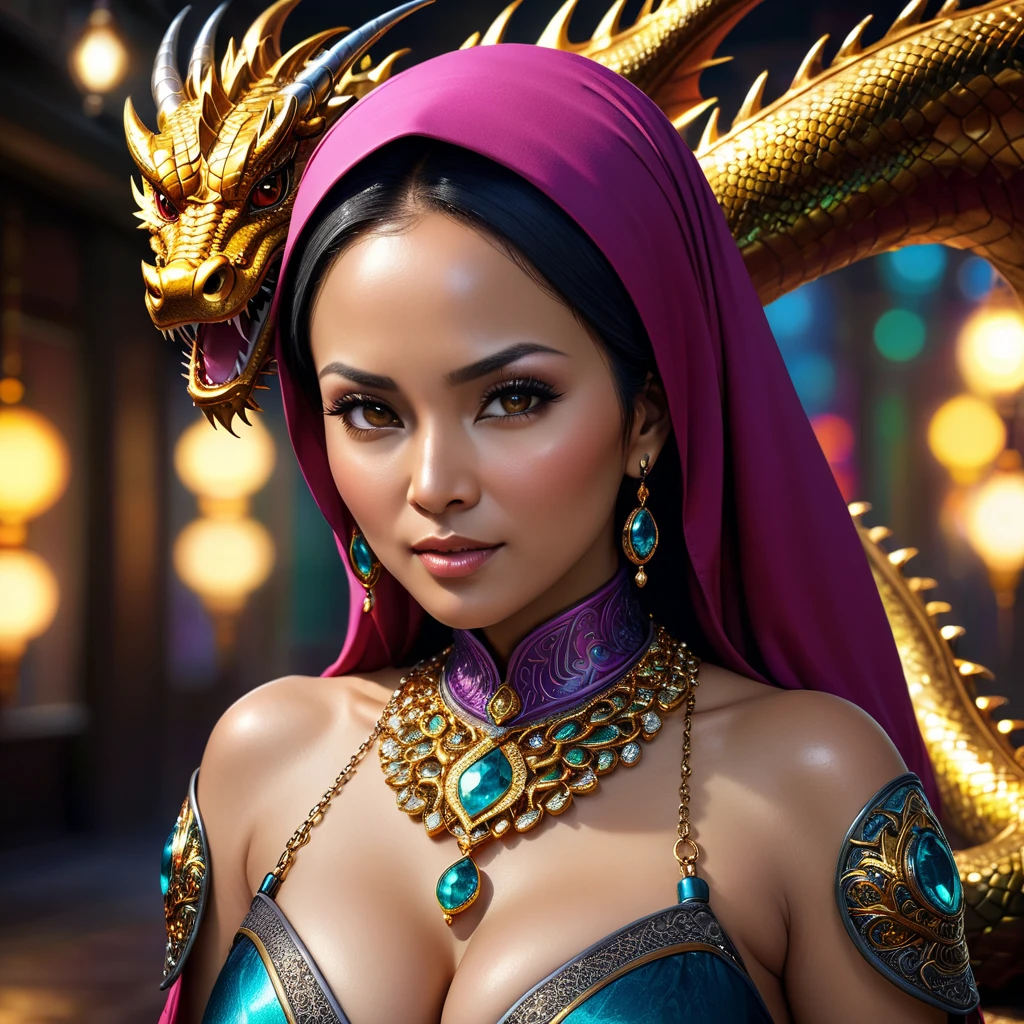 (busty malaysian woman:1.1, age 40:1.1, hijab no hair showing:1.1, athletic:1.1, many chains jewels and charms, wielding magic weapons), final showdown against a jeweled dragon, (best quality:1.2), ultra-detailed, realistic:1.37, HDR, studio lighting, vivid colors, portraits, sharp focus, physically-based rendering, extreme detail description, professional, bokeh, vibrant color palette, dramatic lighting