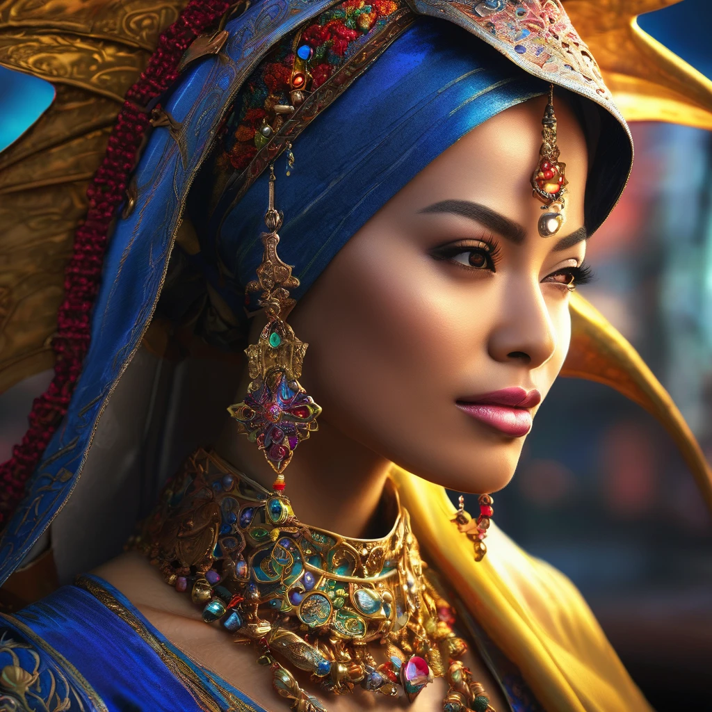(busty malaysian woman:1.1, age 40:1.1, hijab no hair showing:1.1, athletic:1.1, many chains jewels and charms, wielding magic weapons), final showdown against a jeweled dragon, (best quality:1.2), ultra-detailed, realistic:1.37, HDR, studio lighting, vivid colors, portraits, sharp focus, physically-based rendering, extreme detail description, professional, bokeh, vibrant color palette, dramatic lighting