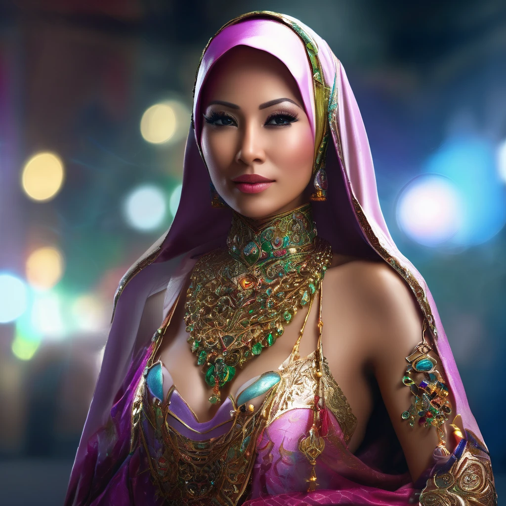 (busty malaysian woman:1.1, age 40:1.1, hijab no hair showing:1.1, athletic:1.1, many chains jewels and charms, wielding magic weapons), final showdown against a jeweled dragon, (best quality:1.2), ultra-detailed, realistic:1.37, HDR, studio lighting, vivid colors, portraits, sharp focus, physically-based rendering, extreme detail description, professional, bokeh, vibrant color palette, dramatic lighting