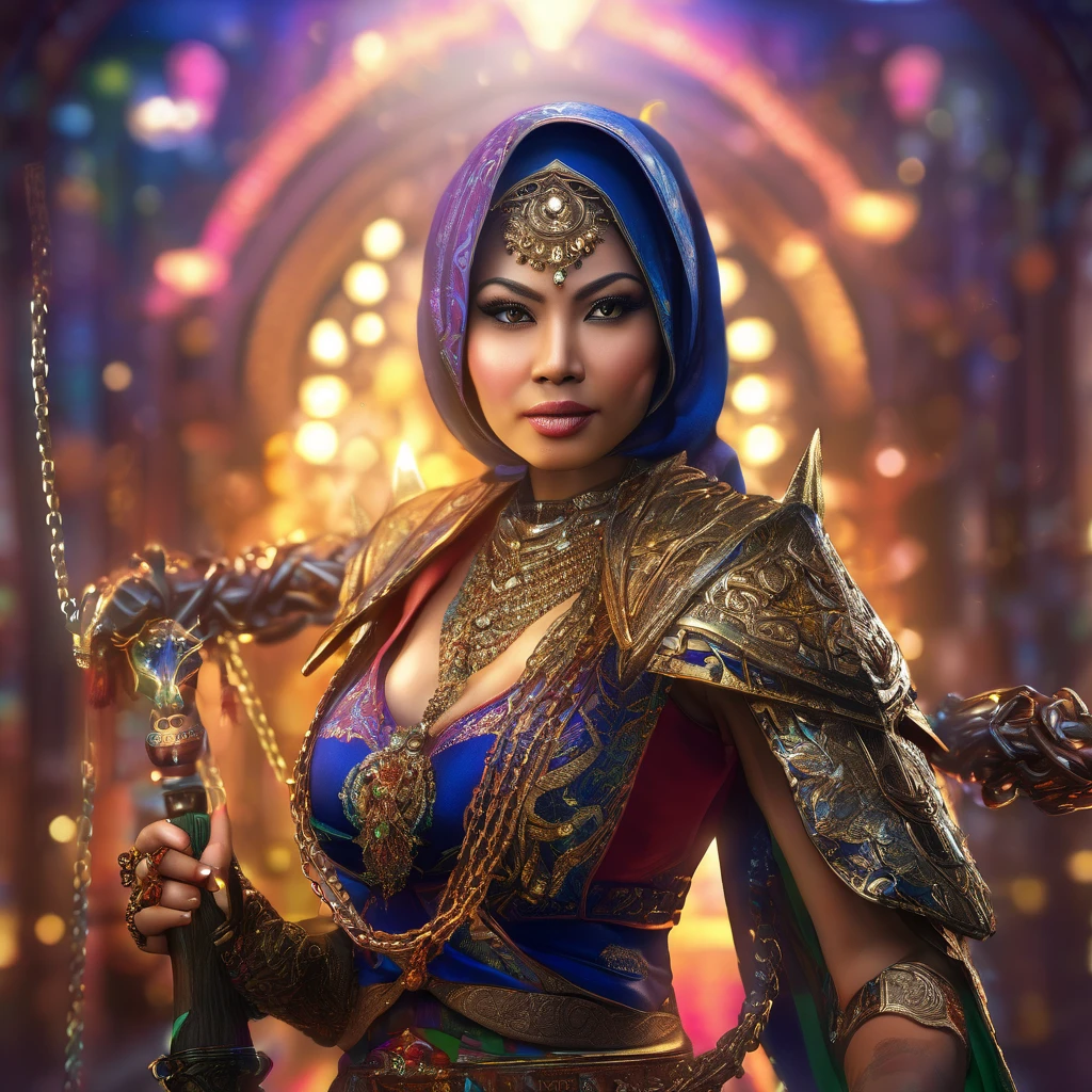 (busty malaysian woman:1.1, age 40:1.1, hijab no hair showing:1.1, athletic:1.1, many chains jewels and charms, wielding magic weapons), final showdown against a jeweled dragon, (best quality:1.2), ultra-detailed, realistic:1.37, HDR, studio lighting, vivid colors, portraits, sharp focus, physically-based rendering, extreme detail description, professional, bokeh, vibrant color palette, dramatic lighting