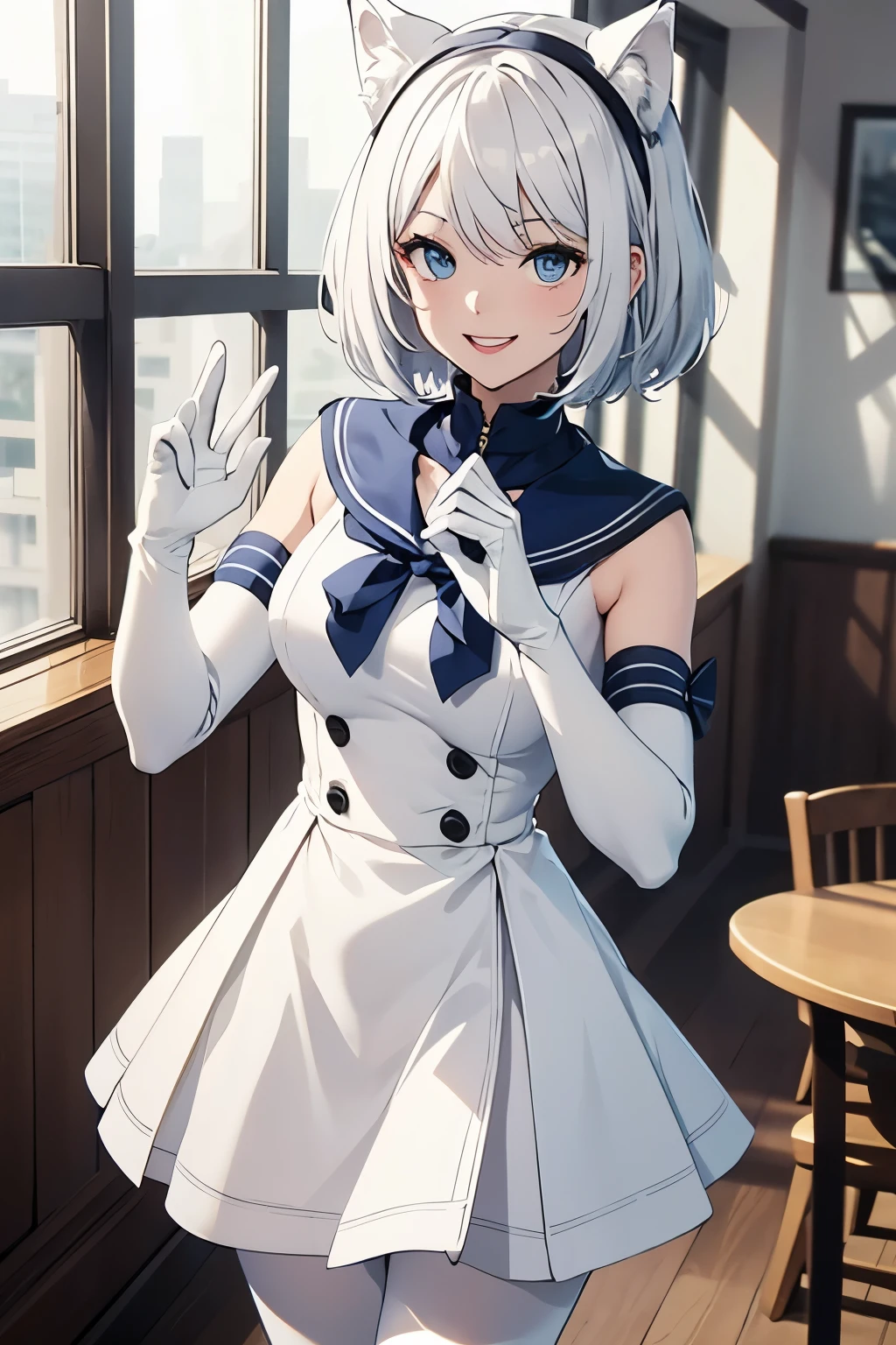 table top High level image quality best image quality 8k adult woman portrait white long gloves(elbow gloves) white pantyhose sailor suit(sleeveless) navy blue mini skirt white wolf ears short hair((shortcut)(pure white hair)(perm)(fluffy)) eye color is blue attractive face((laughter)(smile)(open your mouth)) beautiful feet Are standing put your hands on your hips