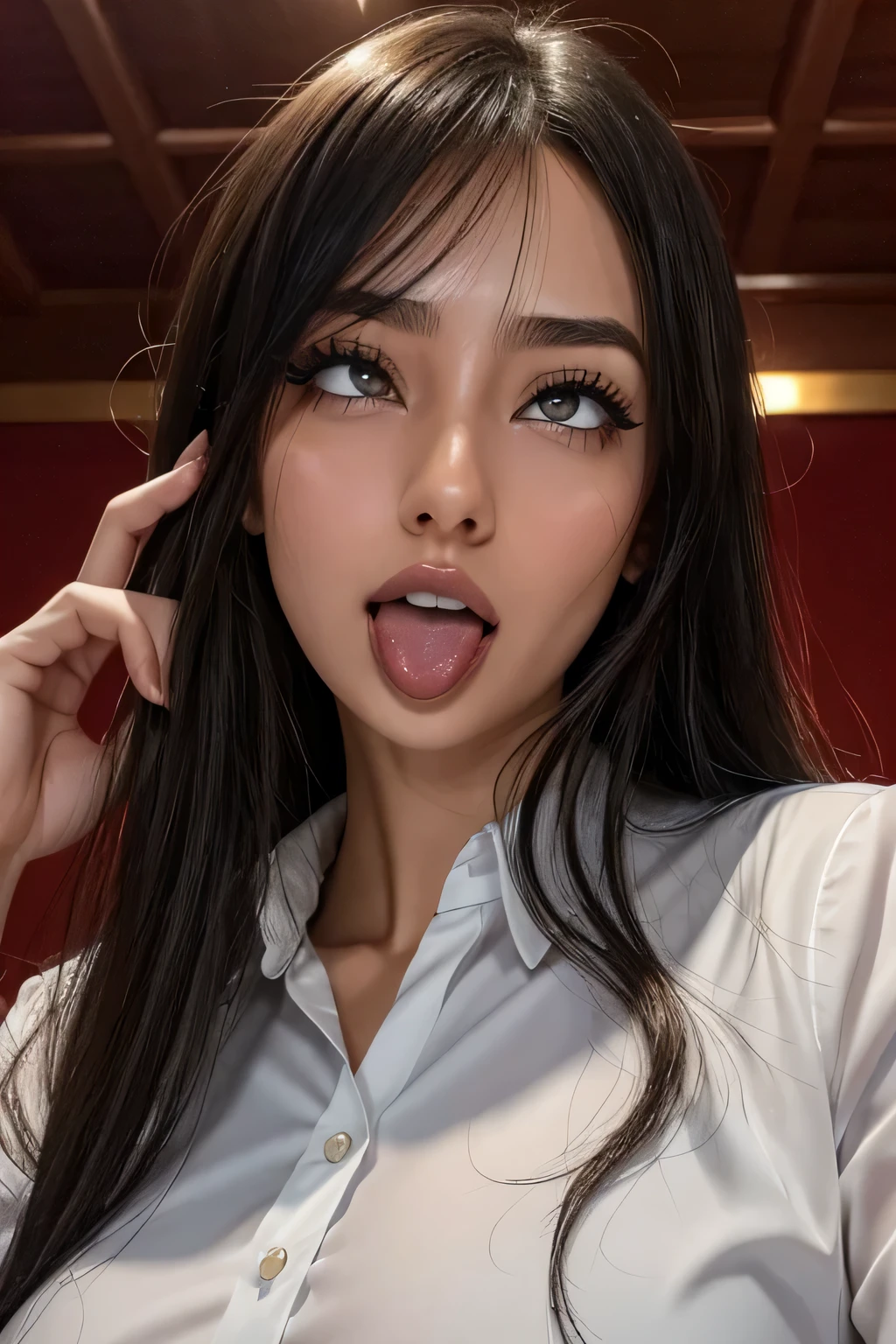 Taylor Hill、1 girl、debris flies、、Award-winning photo、very detailed、((realistic skin texture))((Reproduction of highlighted facial pores)),eye、nose、focus on the mouth、close up focus on face))、口を開けてeyeを閉じた女性、35 years old、black hair、しわeye:1.1、symmetrical face、リアルなnose孔、from belowのアングル、細長いC字型のnose孔NSFW、sweaty skin、Lighting that emphasizes the skin that shines with sweat、((鋭いnose))(Skin shiny with sweat、shiny skin)、sweaty hair、上eye使い、(wrinkles between eyebrows))(cum on tongue)Lighting that does not cast shadows on your face、from below、(Uniforms for various occupations,workplace uniform)long tongue、drooling,((glowing oily skin))((Facial skin glistening with sweat))face grimacing in pain,(frowning expression)額 nose筋 頬骨付近汗がライトで光る,