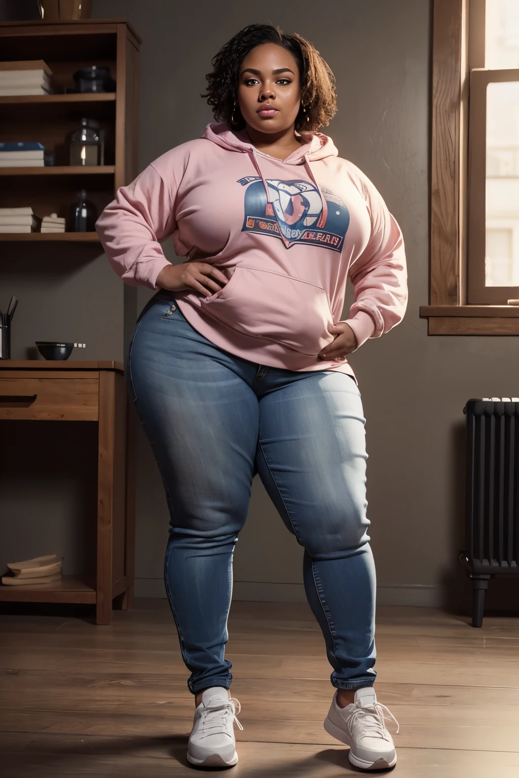 RAW, Best quality, high resolution, Masterpiece: 1.3), Beautiful representation of a 600-pound Persoamerican SSBBW (Big Beautiful Woman) in streetwear, Masterpiece: 1.3, Realistic, Detailed, 1person, Saggy-belly, Dimpled-face, Warm skin tone, Comfortable clothing, Colorful casual outfit, Hoodie, Jeans, Sneakers, Soulful expression, Charming personality, Expressive, Engaging, Captivating, Inviting, Authentic representation of body positivity, Confident and proud. 3D Octane rendering, ray tracing, super detailing viewer