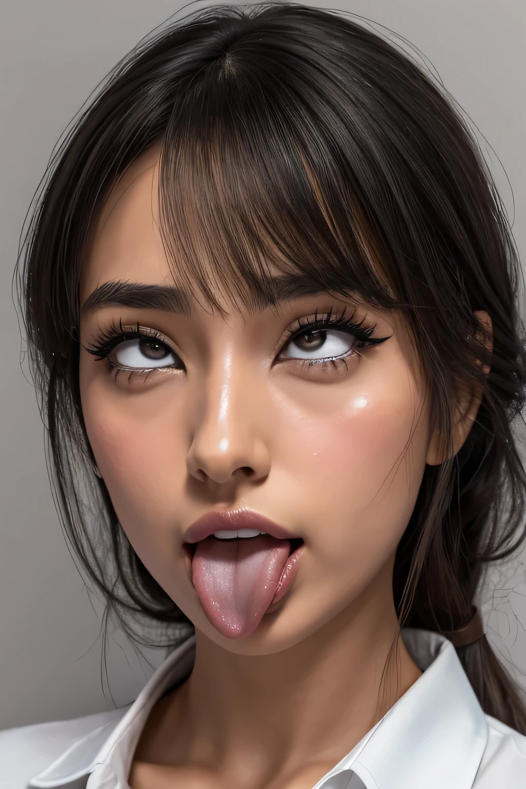 Irina Shayk,beautiful japanese woman,1 girl、high resolution eyelashes,award winning photos、very detailed、eye、nose、focus on the mouth、close up focus on face))、A woman with her mouth open and her eyes closed、35 years old、black hair、Wrinkle eye:1.1、symmetrical face、realistic nose hole、from belowのアングル、Elongated C-shaped nose hole NSFW、sweaty skin、Lighting that emphasizes the skin that shines with sweat、((sharp nose))Skin shiny with sweat、shiny skin、sweaty hair、upper eye user、from below、(white collared shirt)long tongue、upper body only,Ellipsoidal surface,gray background,