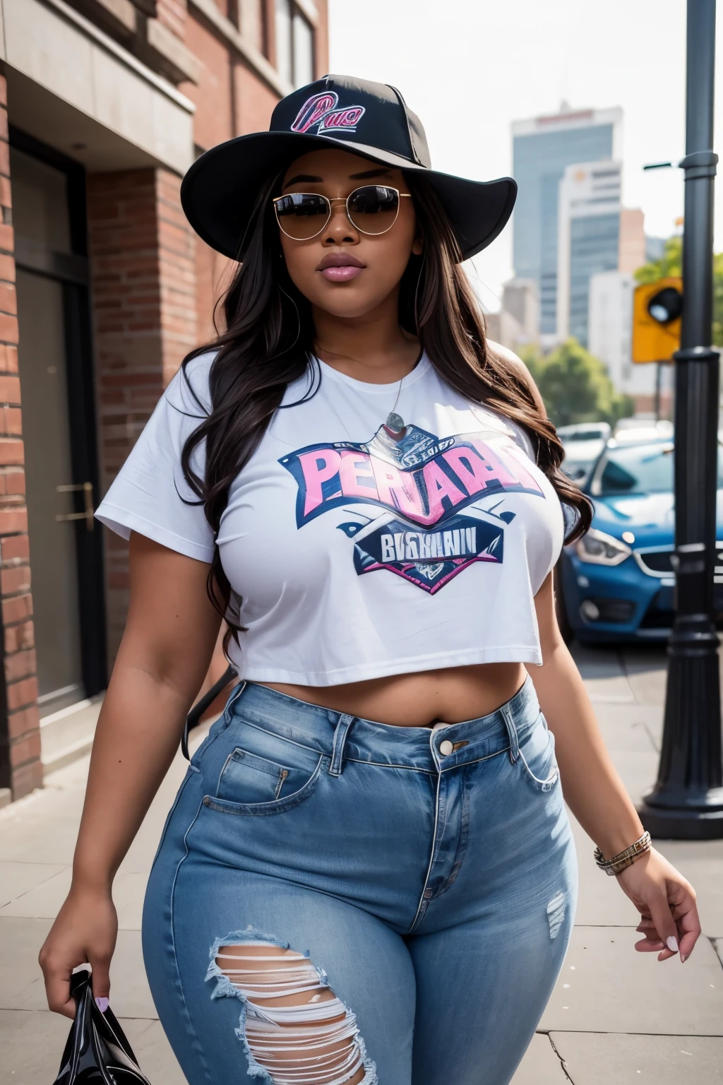 RAW, Best quality, high resolution, Masterpiece: 1.3), Beautiful representation of a 600-pound SSBBW (Super-Sized Beautiful Big Woman) Persoamerican with a saggy belly and dimpled face, Streetwear, Realistic, 1woman, Detailed body,deep wrinkles, characterful expression, flavorful lips, expressive, vibrant personality, clothing hugs her figure, colorful graphic tee, ripped jeans, sneakers, accessibleorizes with oversized sunglasses and a broad-brimmed hat, casual yet stylish, confident, celebrating her unique beauty, urban backdrop, vivid colors, natural light.

3D