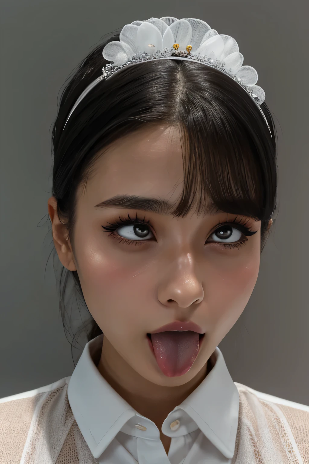 Taylor Hill,beautiful japanese woman,1 girl、high resolution eyelashes,award winning photos、very detailed、eye、nose、focus on the mouth、close up focus on face））、A woman with her mouth open and her eyes closed、35 years old、black hair、Wrinkle eye：1.1、symmetrical face、realistic nose hole、from belowのアングル、Elongated C-shaped nose hole NSFW、sweaty skin、Lighting that emphasizes the skin that shines with sweat、((sharp nose))Skin shiny with sweat、shiny skin、sweaty hair、upper eye user、from below、(white collared shirt)long tongue、upper body only,Ellipsoidal surface,gray background,