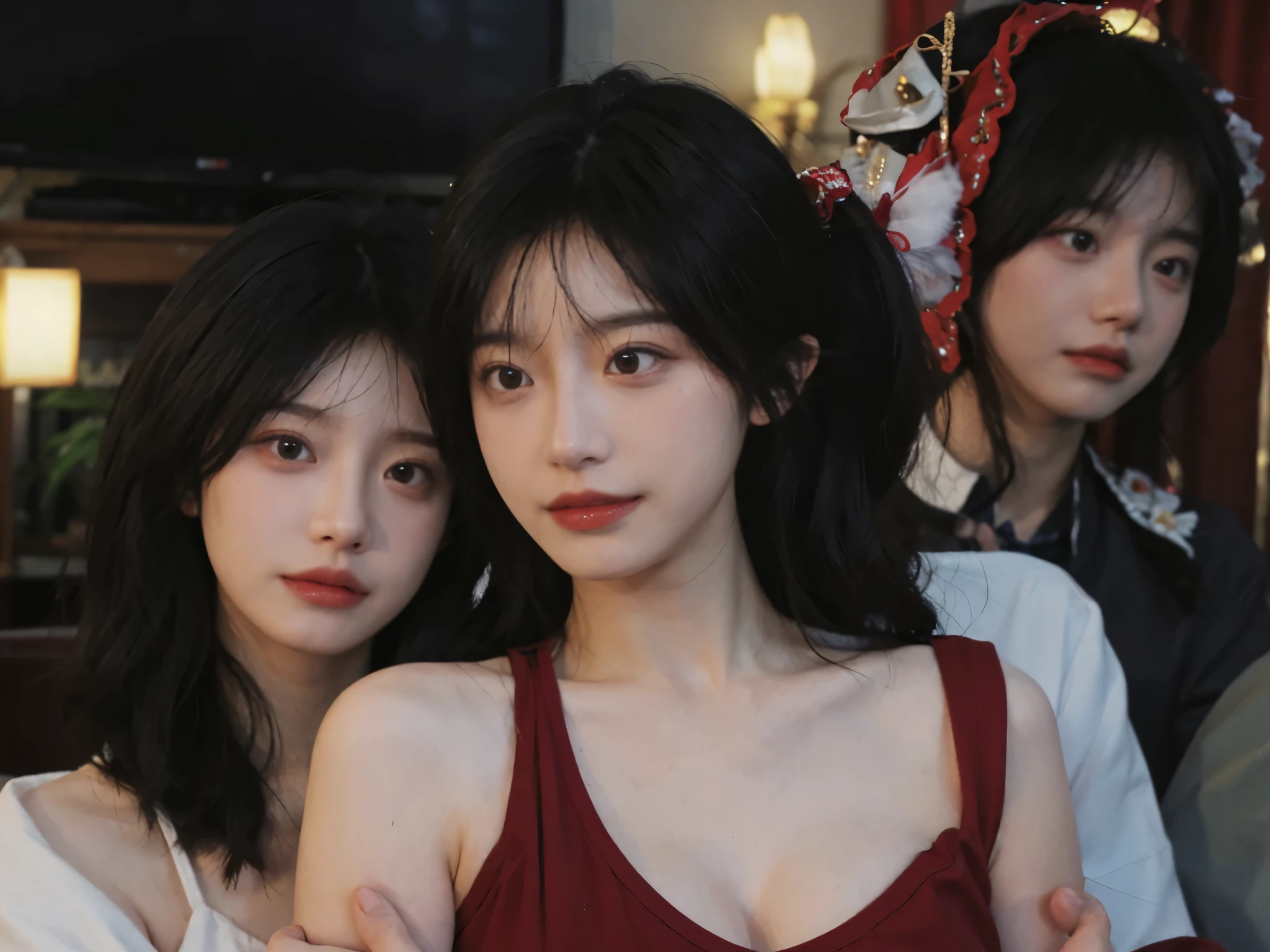 best quality, ultra high resolution, (realistically:1.4), two girls, A pair of clear and moving eyes,Royal sister,twin,red dress, (Big cleavage:1.2), looking at the audience, Close-up cleavage ,