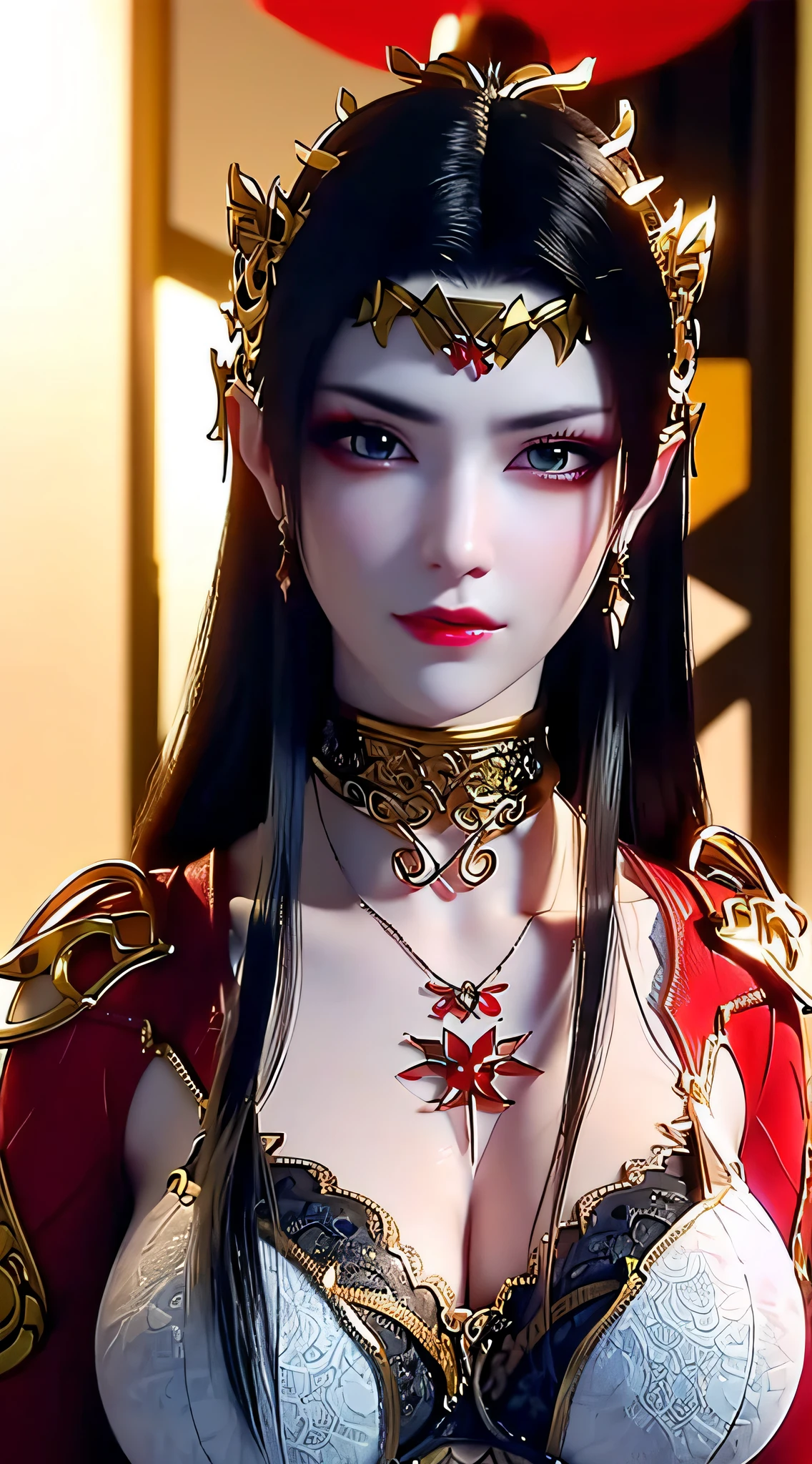 1 very beautiful queen medusha in hanfu dress, thin red silk shirt with many yellow motifs, black lace top, long hair dyed black, beautiful hair jewelry, pretty face pretty and cute, perfect face, earring jewelry, light purple rabbit ears, antique jewelry, big red eyes, sharp eye makeup, meticulous makeup eyelashes, thin eyebrows, nose tall, pretty red lips, no smile, pursed lips, rosy cheeks, breast augmentation, wide breasts, big breasts, well-proportioned breasts, slim waist, red mesh stockings with black lace, Chinese hanfu style, fictional art patterns, colors vivid and realistic, RAW photos, realistic photos, ultra-high quality 8k surreal photos, cool photos, (virtual lighting effects: 1.8), 10x pixels, magic effects (background): 1.8), super detailed eyes, beautiful girl body portrait, girl alone, ancient hanfu background, looking directly at the audience, wide original photo, 8k quality, super sharp, detailed and clear picture best, detailed light background,