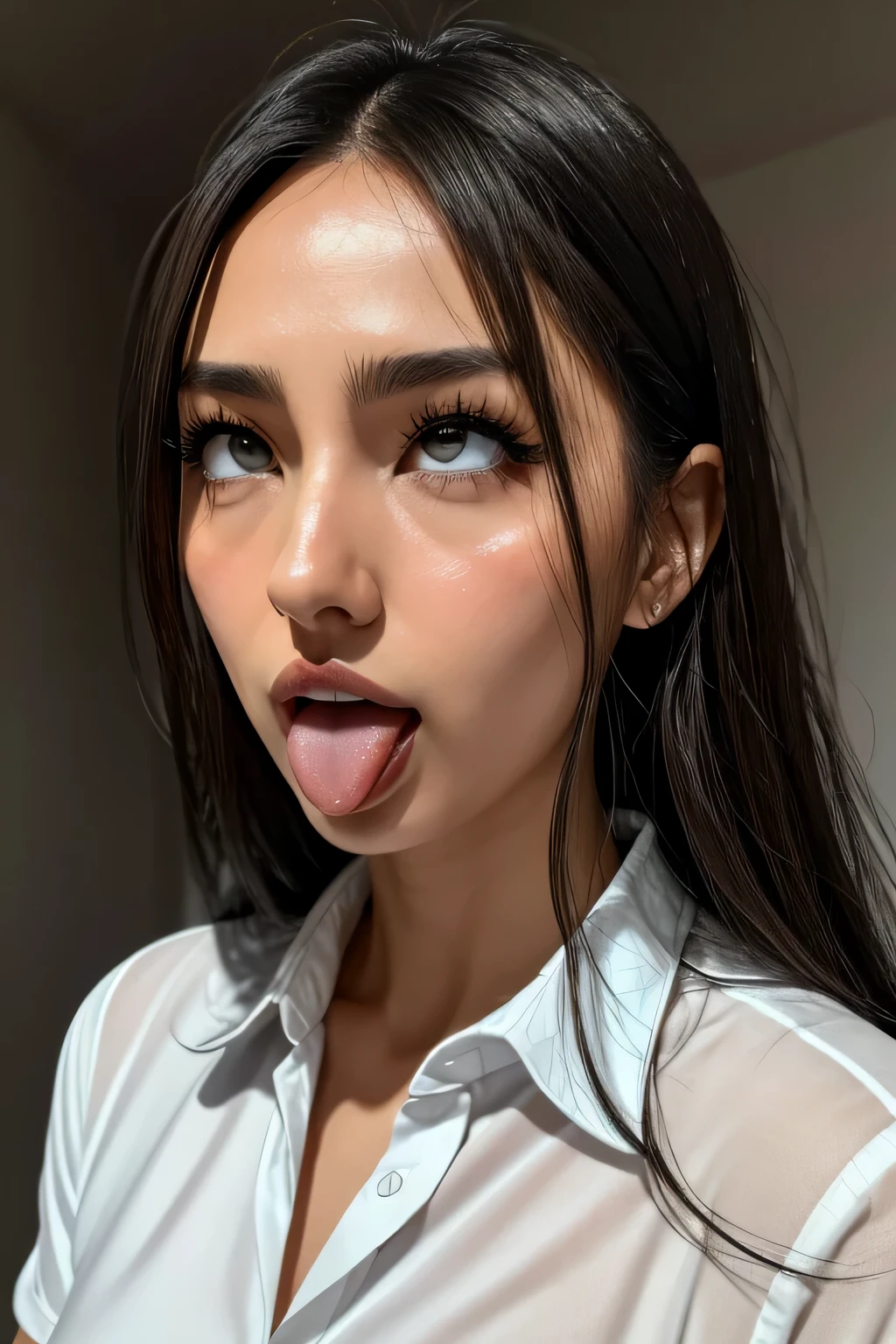 Irina Shayk,beautiful japanese woman,1 girl、high resolution eyelashes,award winning photos、very detailed、eye、nose、focus on the mouth、close up focus on face））、A woman with her mouth open and her eyes closed、35 years old、black hair、Wrinkle eye：1.1、symmetrical face、realistic nose hole、from belowのアングル、Elongated C-shaped nose hole NSFW、sweaty skin、Lighting that emphasizes the skin that shines with sweat、((sharp nose))Skin shiny with sweat、shiny skin、sweaty hair、upper eye user、from below、(white collared shirt)long tongue、upper body only,Ellipsoidal surface,gray background,