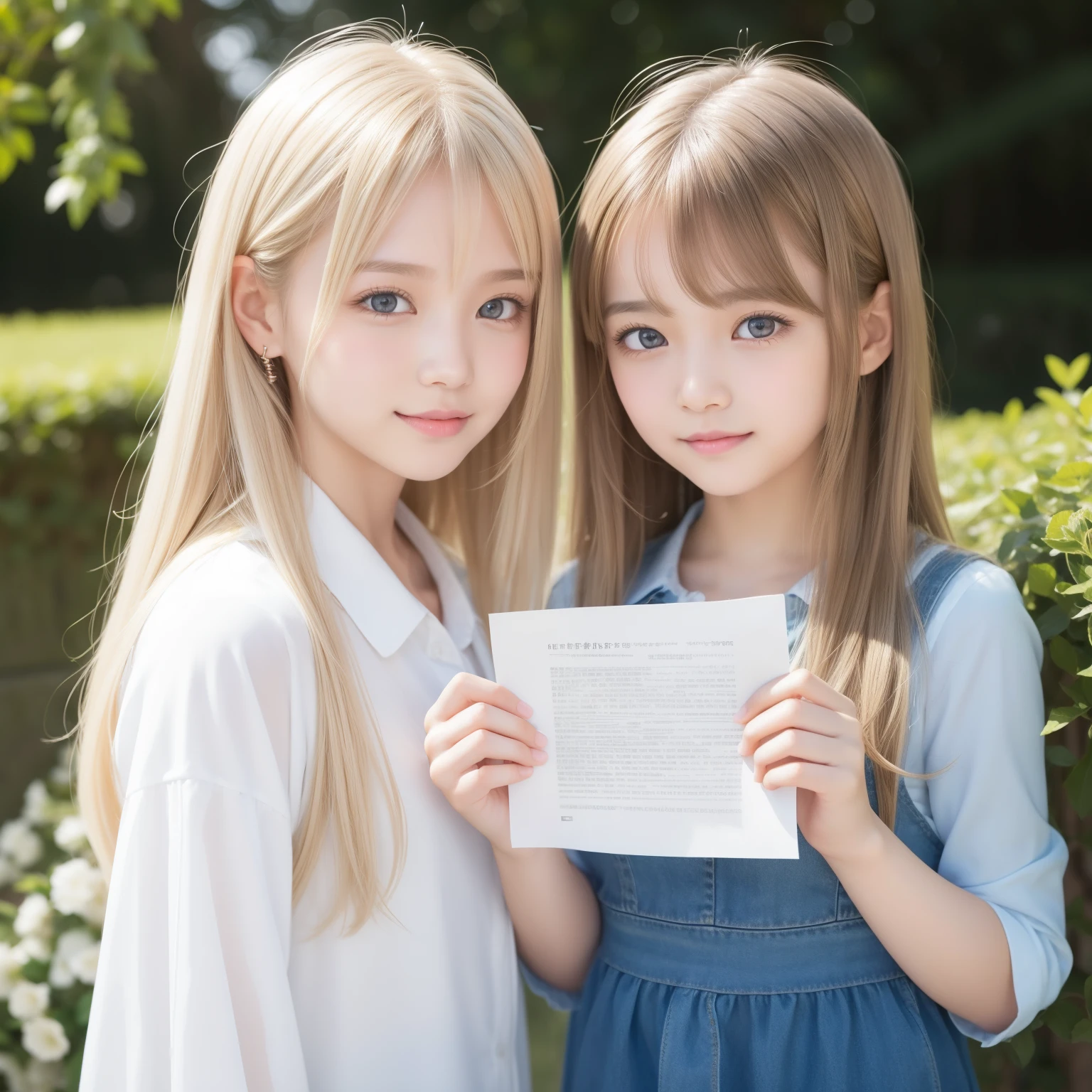 Shiny and transparent white skin、Windy hair disturbs your cute face、giant、one 10 year old cute sexy little beautiful face、Beautiful straight hair that stands out、spectacular, beautiful azure eyes with bright、Long soft bangs that cover cute eyes, sexy face hiding hair super long hair sexy cute young women long natural blonde shiny shiny hair,Holding the paper out clearly in front of you,smile,Blank paper held in both hands,