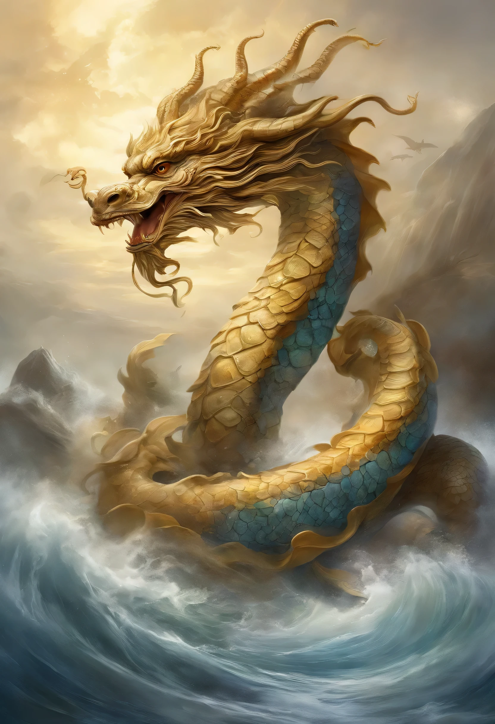 浮世绘风格 ocean报设计中的图形是light gold, 水墨画中的中国dragonturtle, 和dragon的组合, light gold, as water god, 生活在北ocean, 控制ocean上雷暴, an ancient Chinese god, turtle, dragon, ocean, Stone, super sharp,Details are presented realistically,Xiangyun, depth of field, divine thunder, fantasy coloring, , Decorative Arts, stunning lighting, depth of field浅意, shiny, divine light, Ray tracing, super wide angle, First-person perspective,top down , width, ultra high definition, high quality, Very detailed, textured skin, best quality