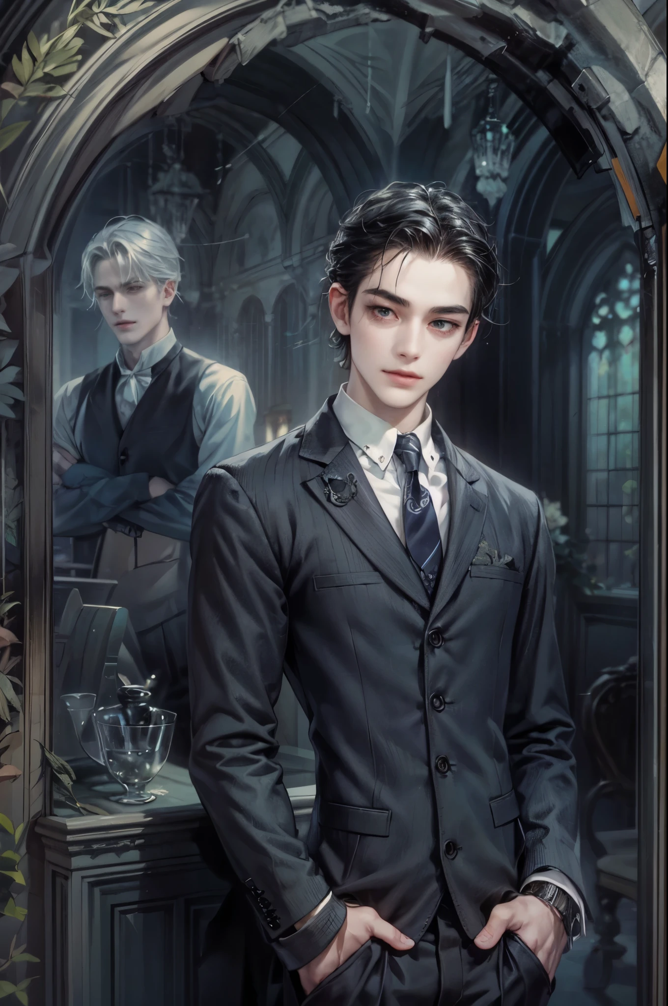 ((Best quality)), ((masterpiece)), (detailed), ((perfect face)), ((halfbody)) handsome face, male, teen boy, perfect proportions , a male version character from the addams family, short hair, male version, creepy smile, detailed eerie background, detailed eerie scenery