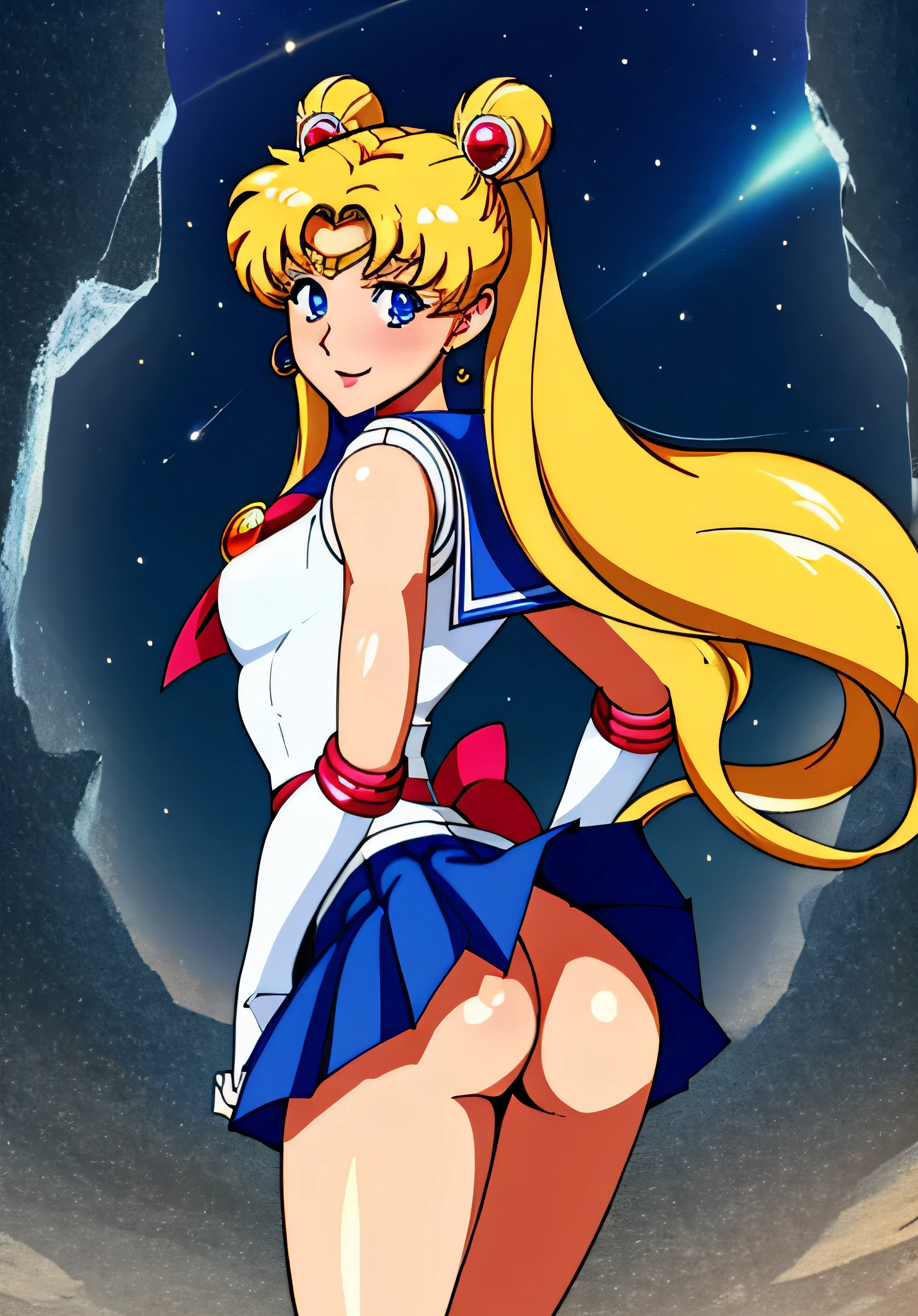 masterpiece, best quality, absurdres, perfect antomy, 1girl, solo, SMMoon, 1990s \(style\), blonde sailor moon, (small breast) standing, smile, cowboy shot, sailor senshi uniform, sailor collar, blue skirt, elbow gloves, in back pose, show her booty, backwards, no thong, big booty, ultra mini skirt, (detailed:1.3), ultra high res, ultra detailed, Highly detailed face and skin texture, detailed eyes, double eyelids, dynamic light, (HIGHLY DETAILED FACE) in back pose, show her booty, backwards, (both hands on her butt), lifting her little skirt. BOOTY NO THONG, (WIND LIFTING THE SKIRT)